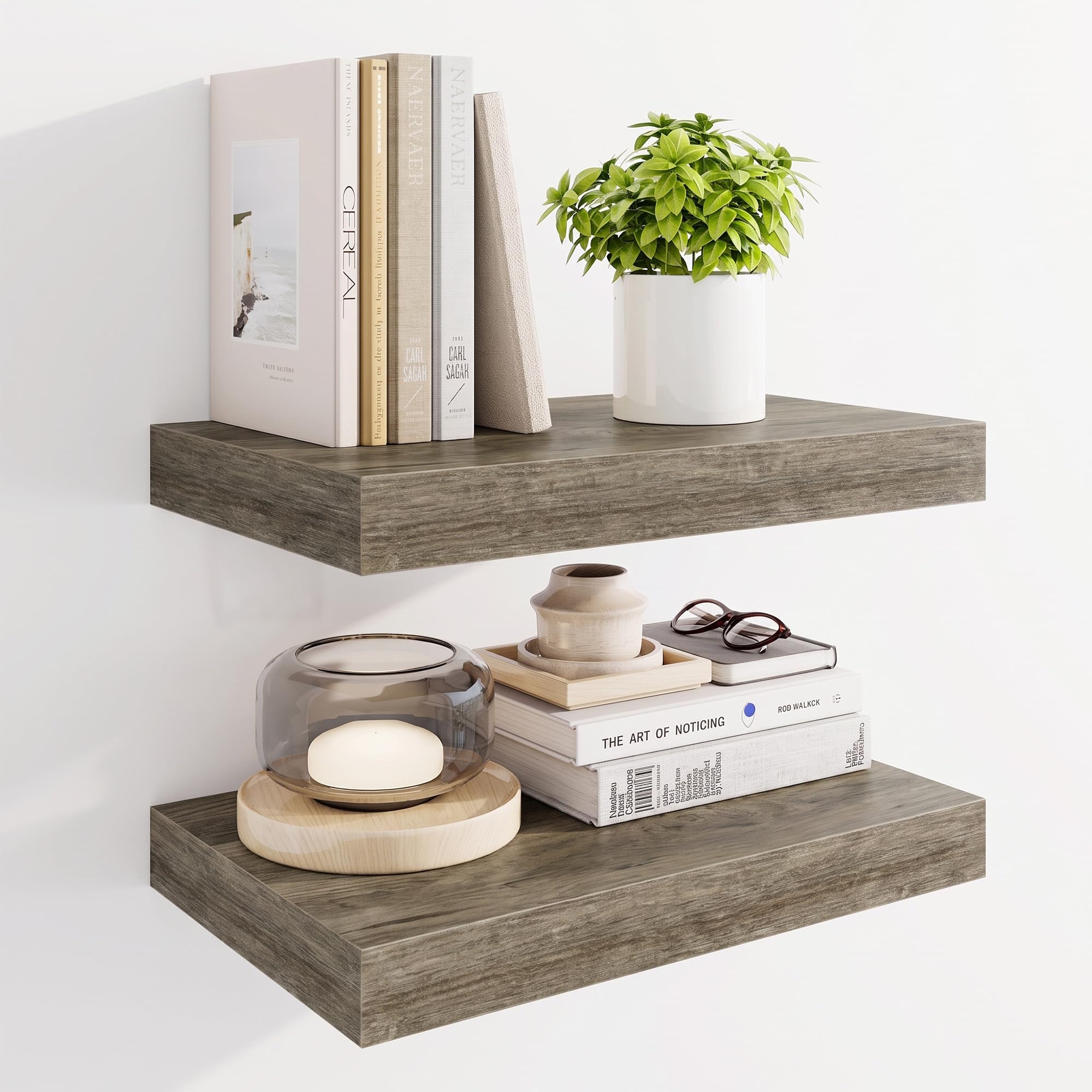 Marsmiles 16" Floating Shelves for Wall, Wooden Shelves with Invisible Brackets Set of 2, Rustic Farmhouse Wall Mounted Shelf for Kitchen Bathroom Living Room Study, Grey