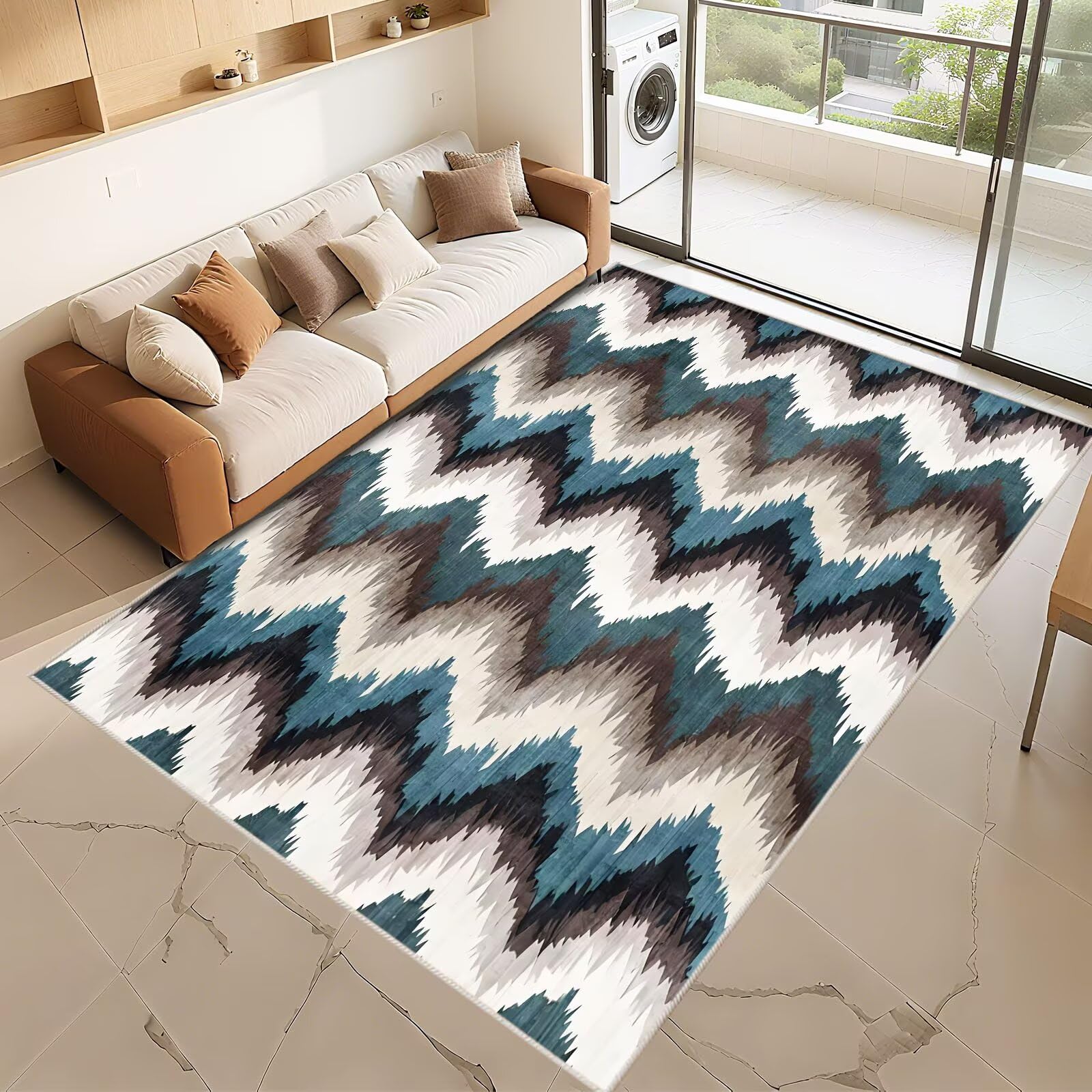 Tapis interieur anti poussiere 180x250cm bleu gris marron design abstrait