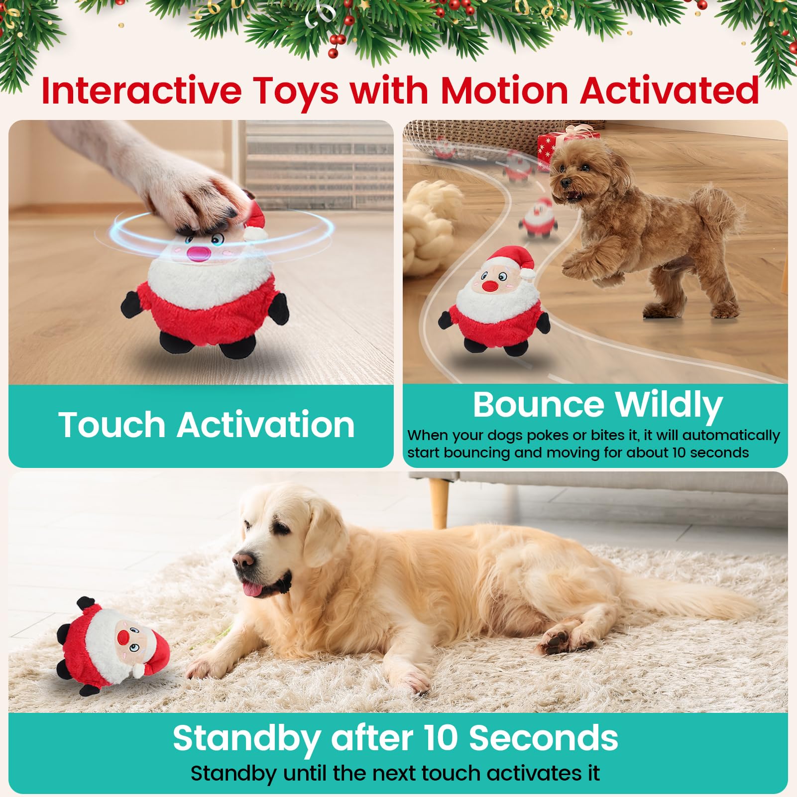 Senneny Interactive Dog Christmas Toys Motion Activated, Rolling Dog Ball with Plush Cover USB Rechargeable, 360° Smart Automatic Moving Pet Toy for Large Medium Small Dogs (Santa)