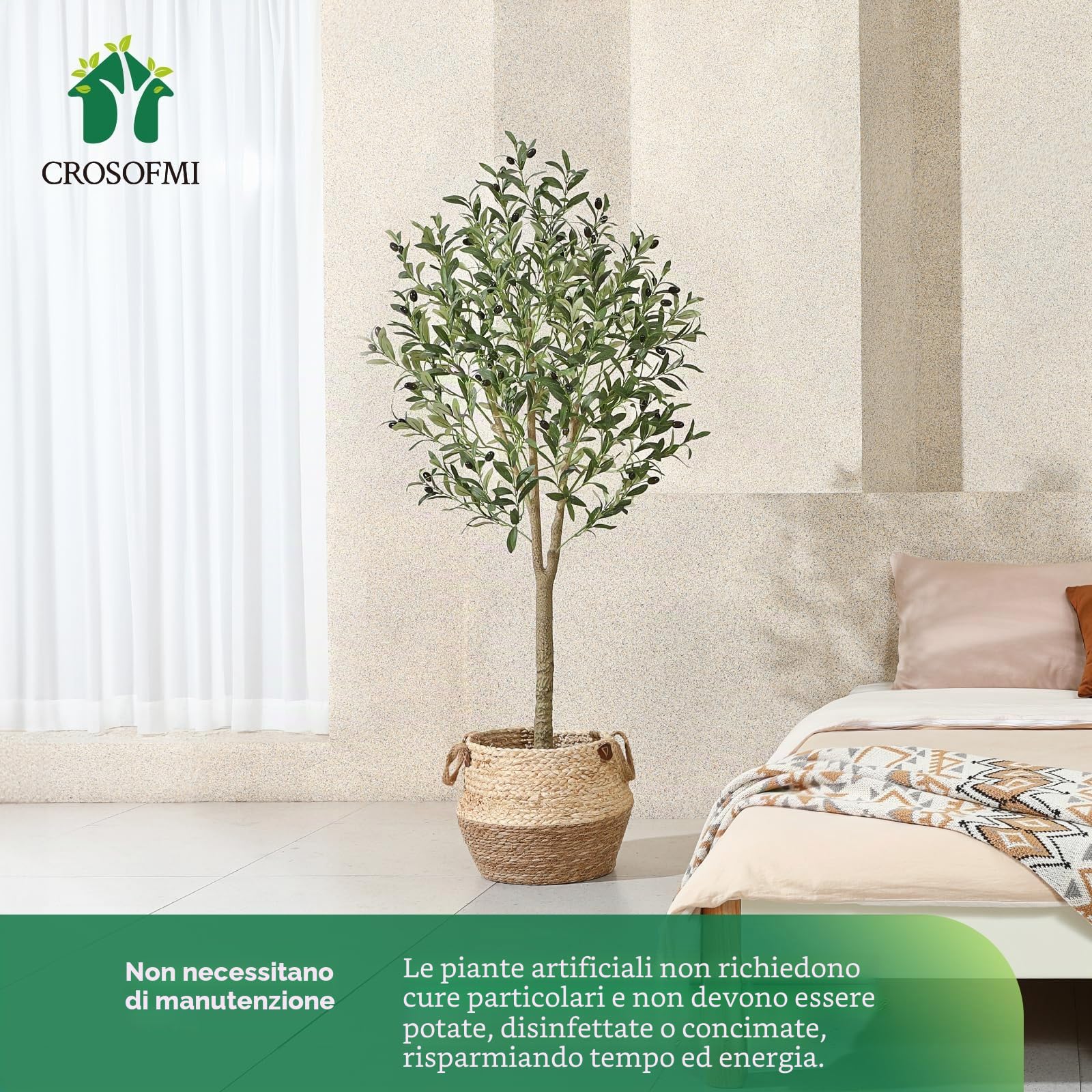 CROSOFMI Olivo Artificiale 150cm Piante Finte da Interno Piante Finte Perfette in Vaso per Interni Esterno Casa Ufficio Giardino Decorazione Moderna 1 Pack