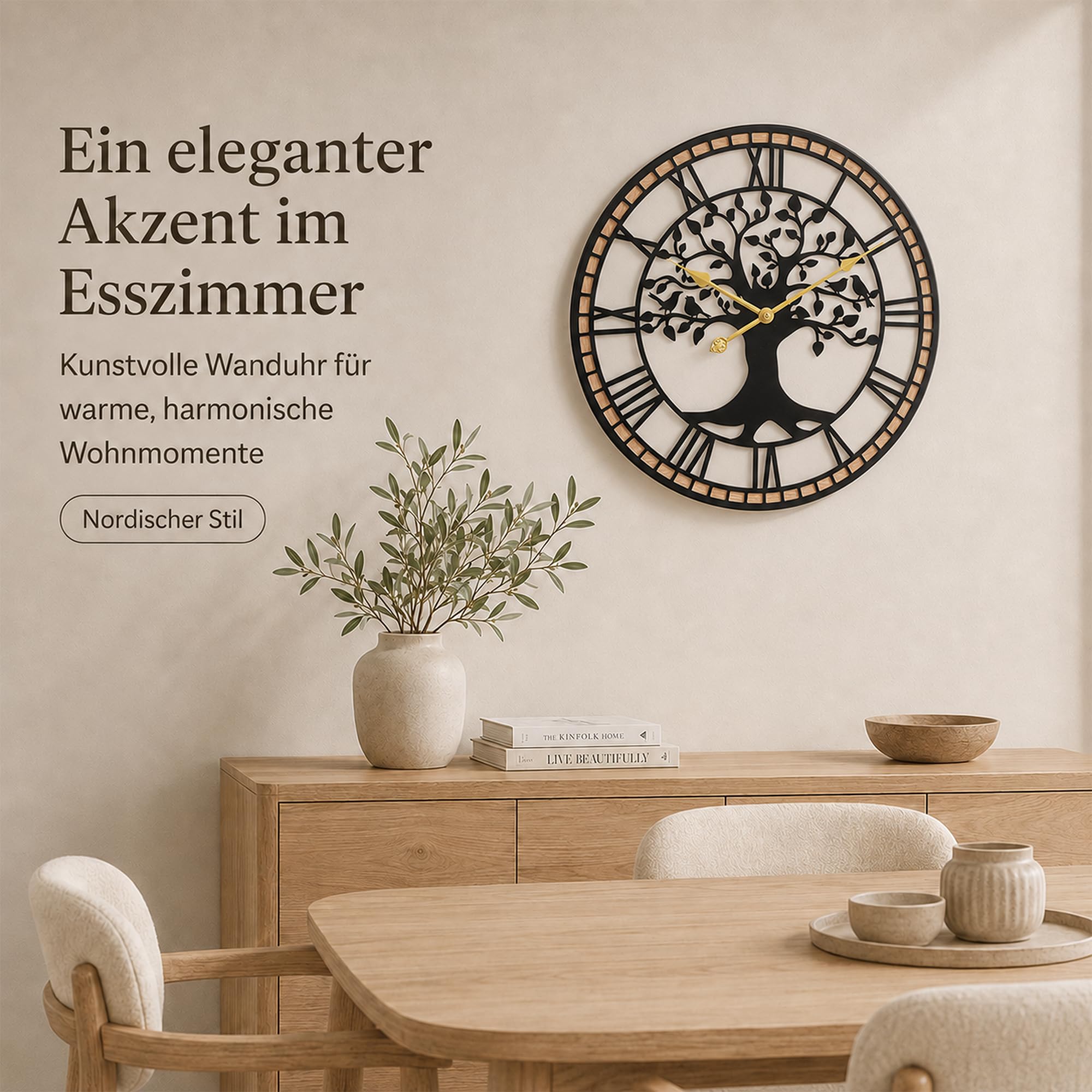 Wanduhr Groß,51/60/80CM Wanduhr Holz,Baum des Lebens und Holzrahmendesign,Stumm - Kein Tickendes Geräusch,für Esszimmer,Schlafzimmer,Küche,Büro,Wanduhr Wohnzimmer