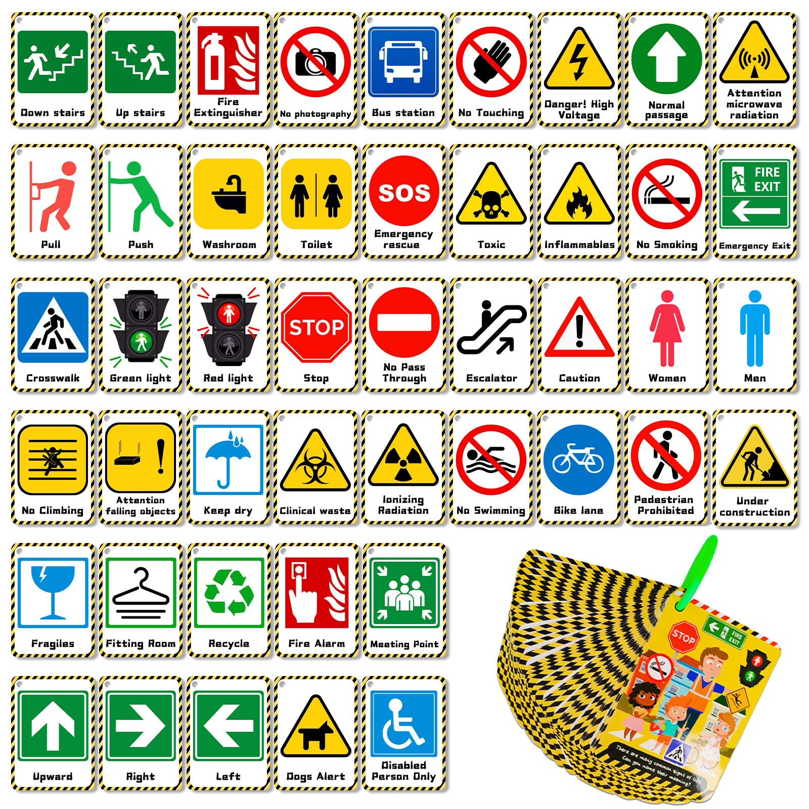 OUGERKID 50PCS Common Signs Flashcards for Kids,Waterproof Common Signs of Life Education Flash Cards, Children's Signs Educational Card, Double-Sided Toy Cards for Toddles