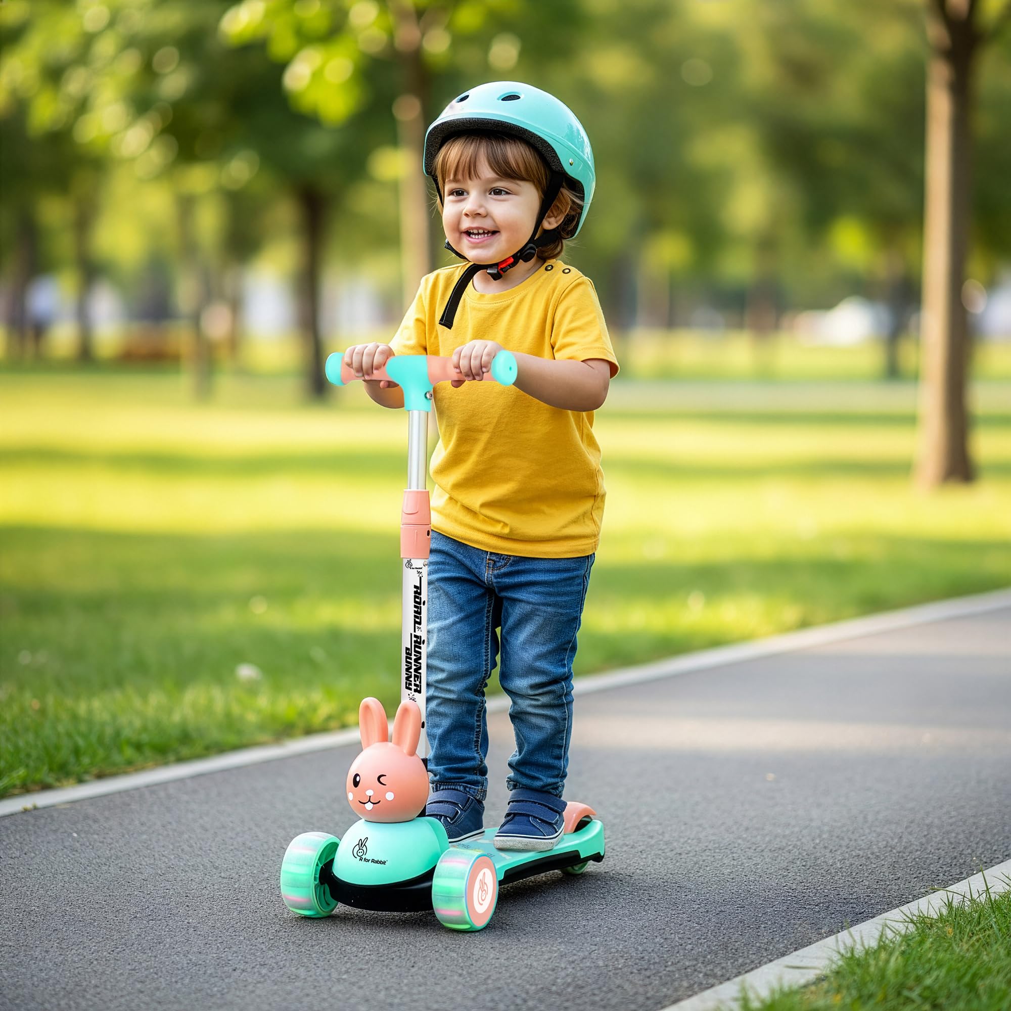 R for Rabbit Road Runner Bunny Kids Scooter, 3 Level Adjustable Height, Smart Fold & PU LED Wheels Kick Scooter with Brake for 3+ Years Kids, Weight Capacity Upto 75kgs (Green Peach)-image-26