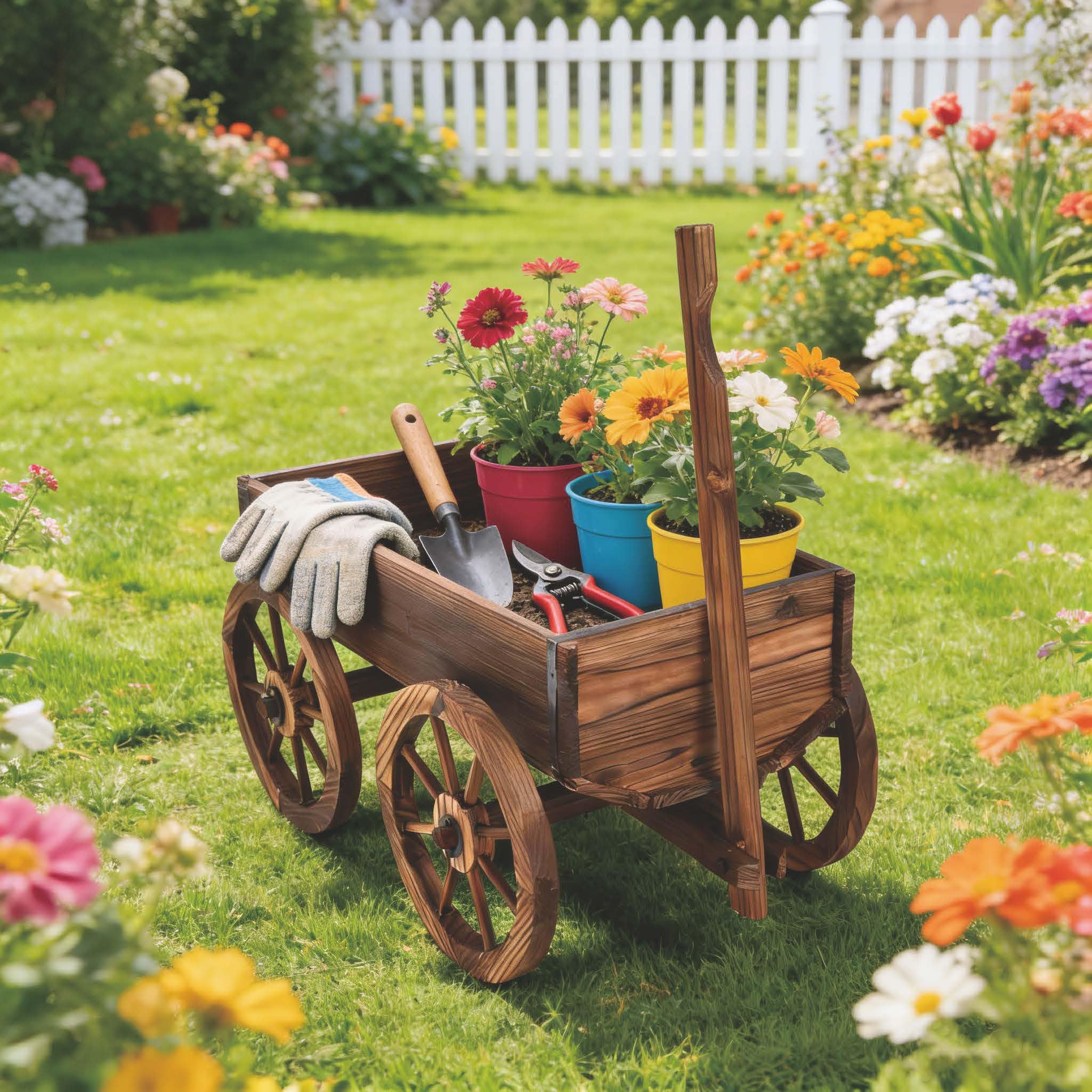 RELAX4LIFE Blumenwagen Holz, Pflanzwagen mit 4 Rädern, Verstellbarem Griff, Ablauflöchern, Bollerwagen Outdoor wetterfest, Pflanzkarre Pflanztopf für Garten Balkon Terrasse, 120 x 43 x 53,5 cm, Braun