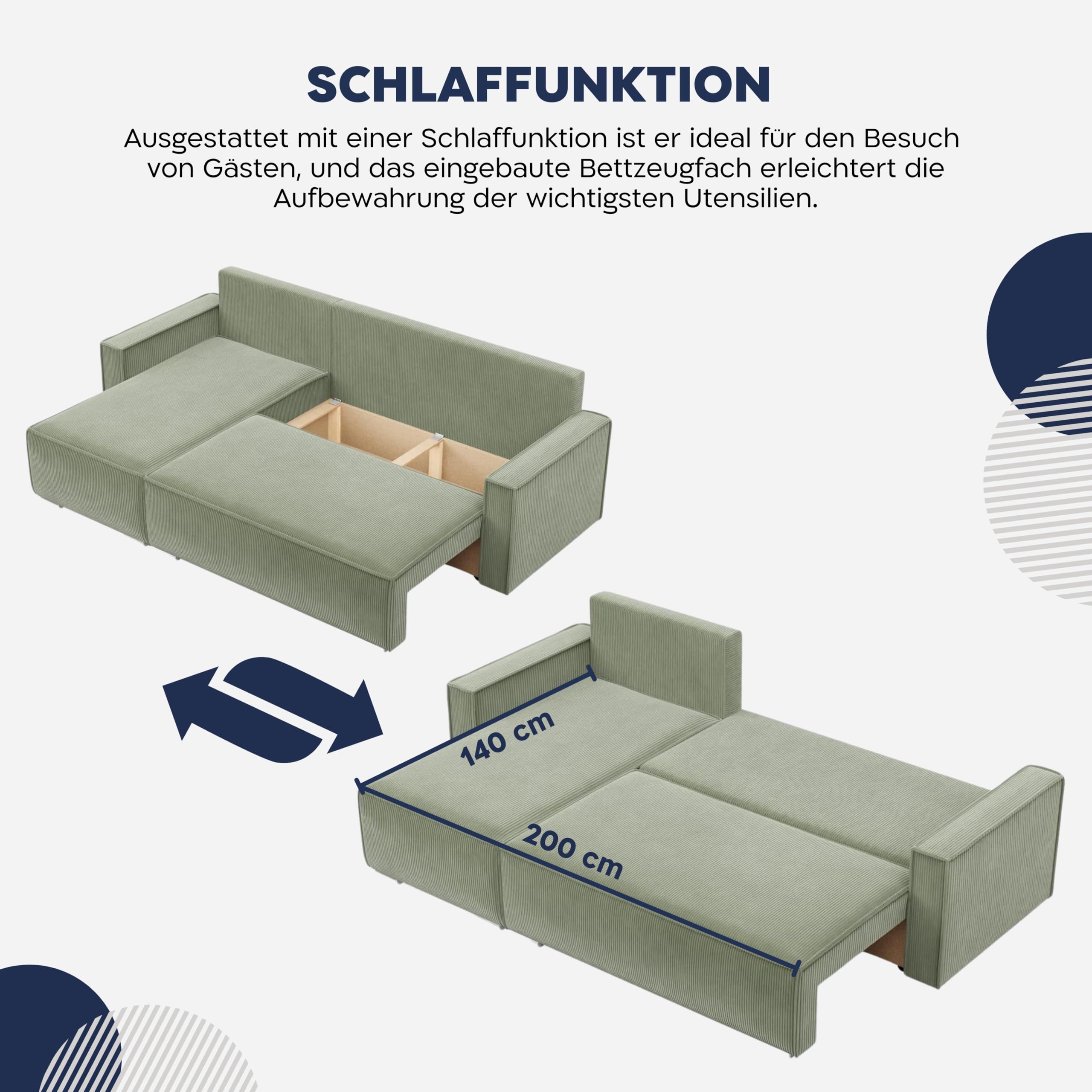 Mebligo Ecksofa mit Schlaffunktion und Bettkasten NOTO, Cord Sofa L Form 231 cm Breit, Eckcouch Cord mit Schlaffunktion, Bonellfederkern, Universal Sofa Hellgrün