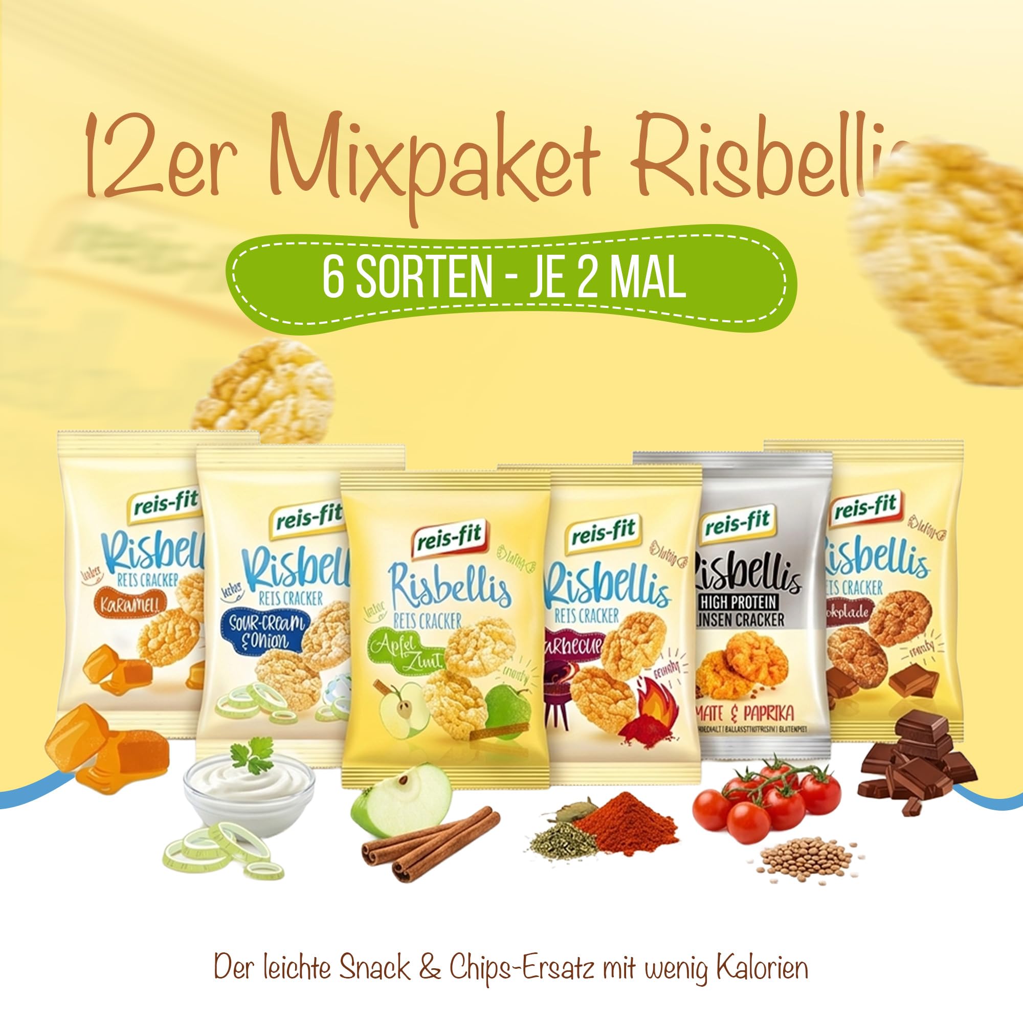EKERA – reis-fit Risbellis – 12er Mixpaket (6 x 2 Sorten) knusprige Reiscracker | Süß & herzhaft | leichte Reiswaffeln als Snack für unterwegs, Büro & zu Hause | Reis Cracker fettarm