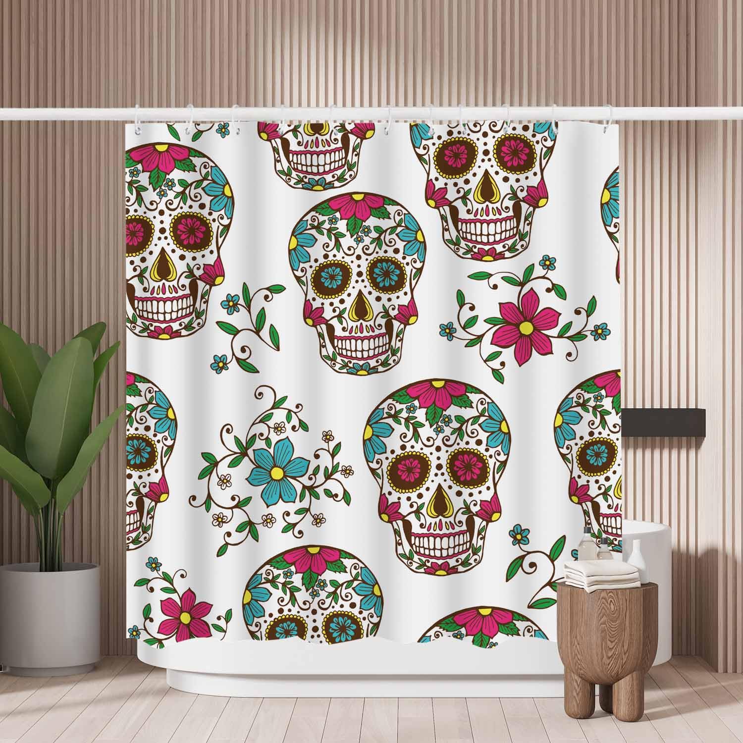 Woutay A145 Shower Curtain Water Repellant Fabric Colorful Sugar Skull With Floral,Mould Proof Resistant,Polyester,Size 180X180cm