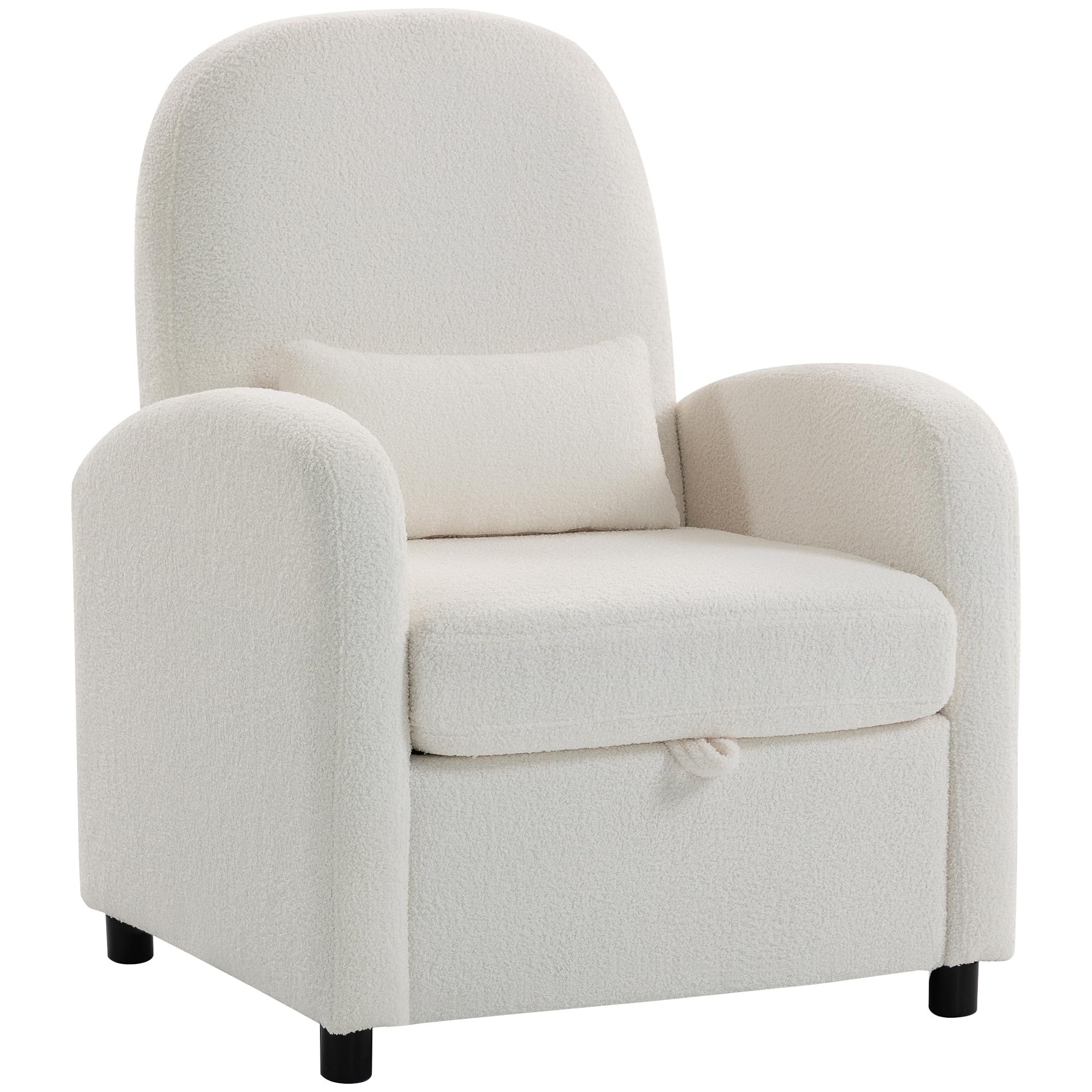 HOMCOM Poltrona Salotto Imbottita con Contenitore Nascosto, Schienale Alto, Poltroncina Moderna con Braccioli, Cuscino Lombare e Seduta Ampia, in Velluto Teddy, per Camera da Letto e Soggiorno, Crema