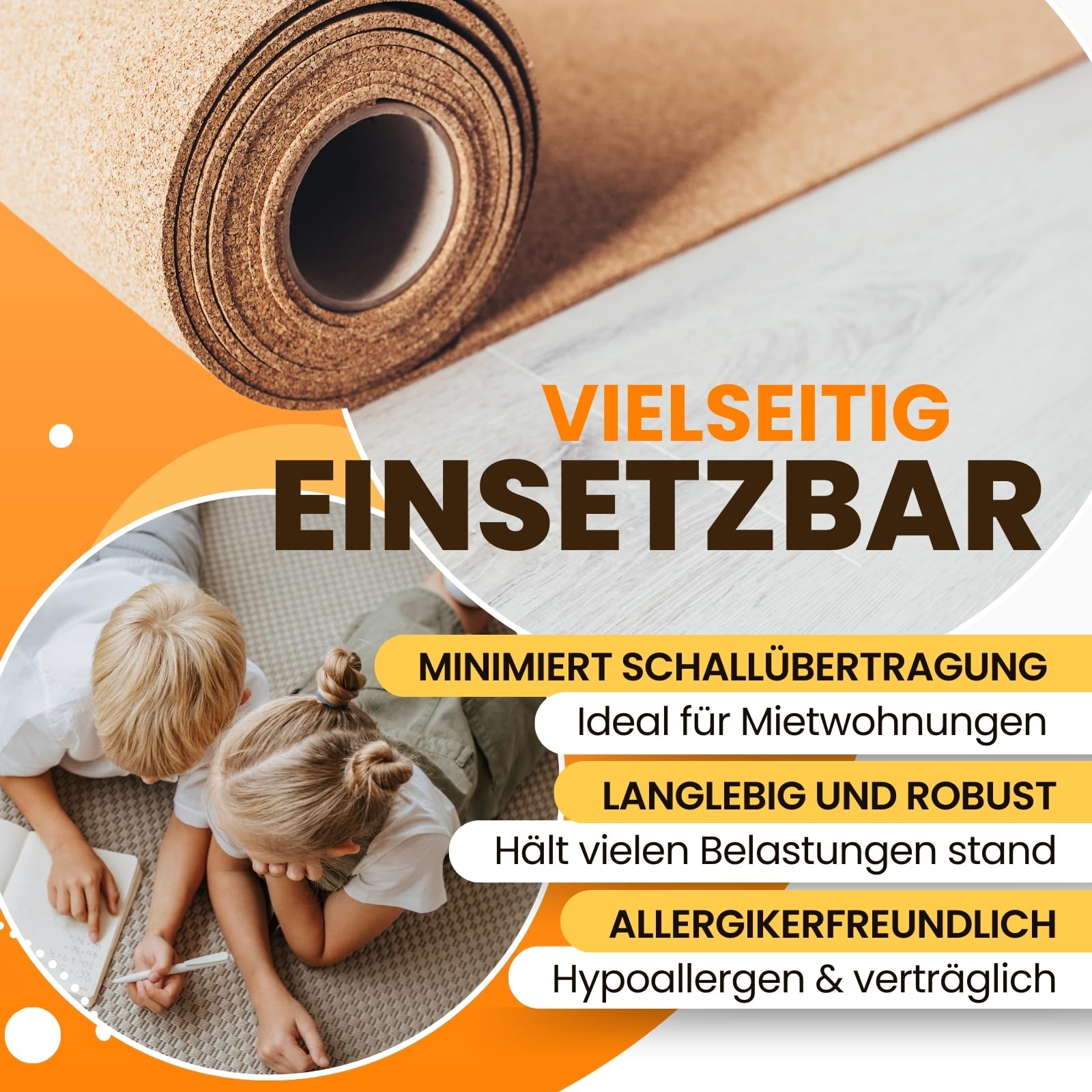 Trittschalldämmung 15x1m 2mm stark I natürliche Dämmunterlage I Rollenkork für Parkett & Laminat I Trittschallreduktion aus nachwachsendem Korkmaterial I Umweltfreundliche Trittschalldämmung