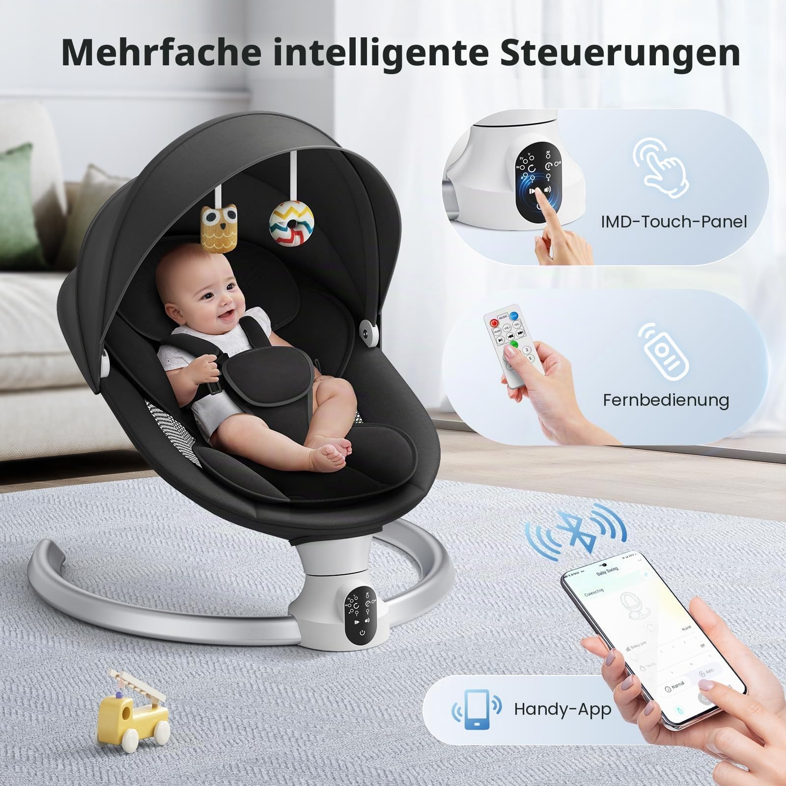 Elektrische Babywippe - Baby Schaukelstuhl für Neugeborene bis 9kg, 5 Schwinggeschwindigkeiten, Bluetooth & Musik, 3-fach Timer, Tragbar & Klappbar, Fernbedienung, Baby Schaukel für Zuhause