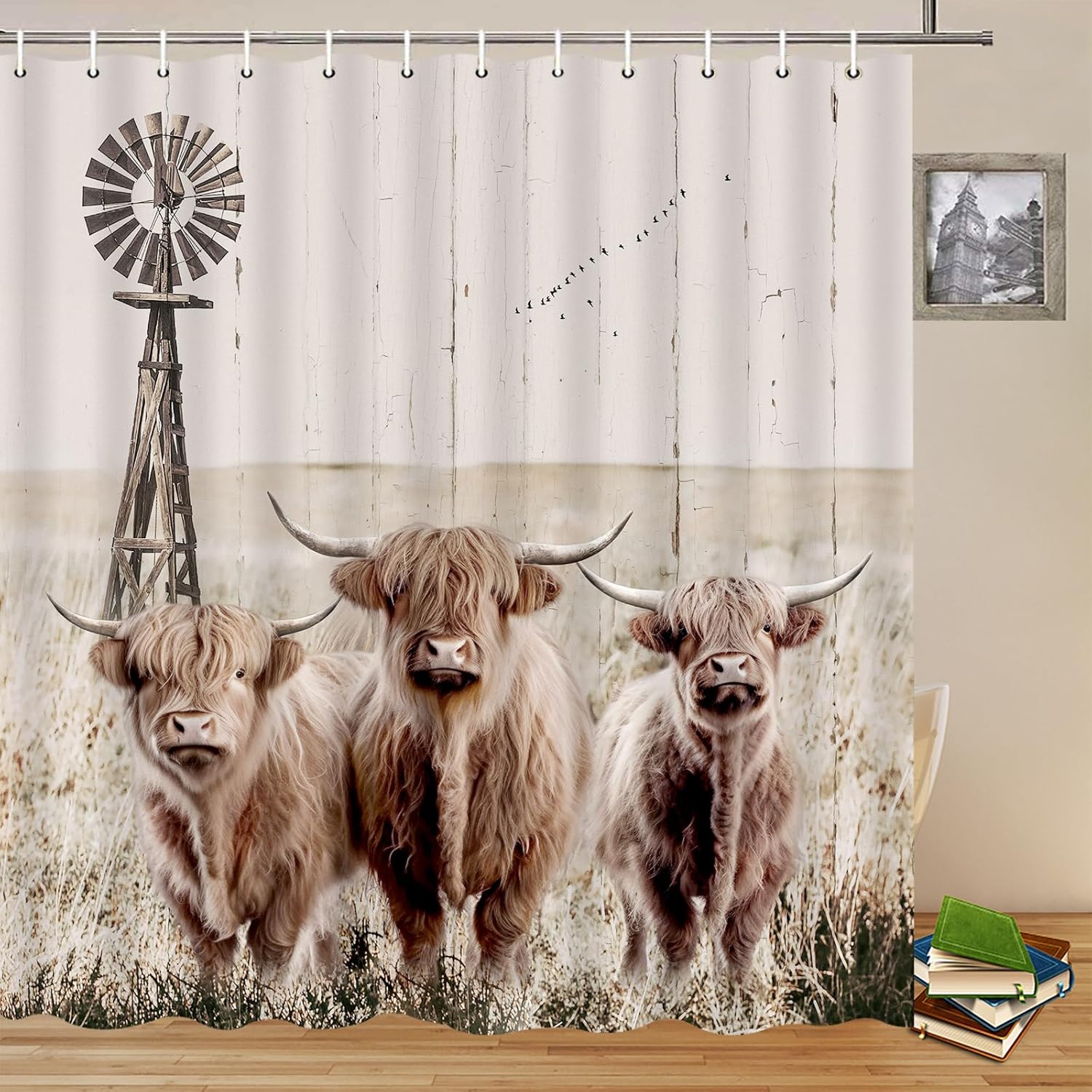 Highland Cattle Shower Curtains Rustic Farm Scenery Three Cows Windmills Farmhouse