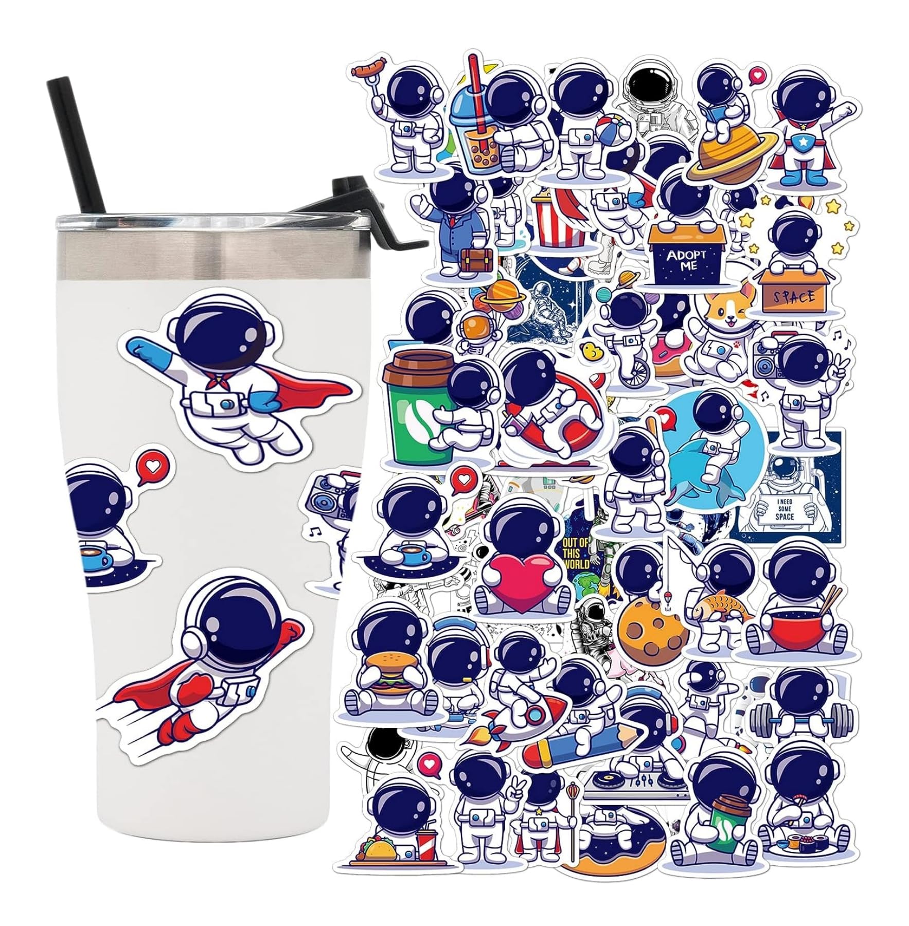 PYEBE 100 PCS Astronaut Stickers Pack - 100% Waterproof Vinyl Stickers for Water Bottles, Notebooks, Laptops, Phone, Pad, Skateboards and Luggage, Colorful Decals for Kids Teens Boys Girls