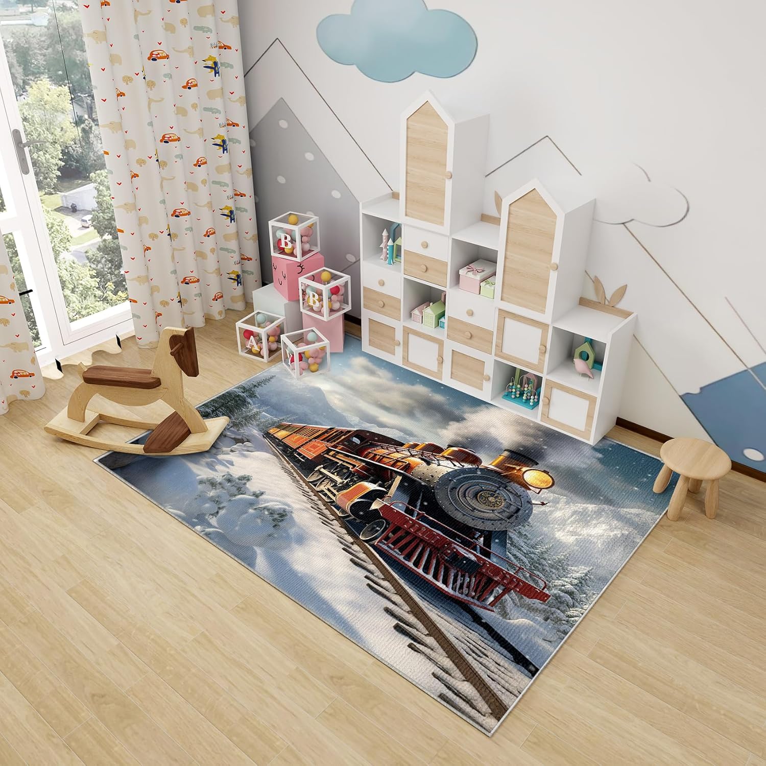Steam Engine Rug & Home Decor - Washable Rug 4x5 - Boys Steam Train Rugs for Living Room Bedroom - Non Slip Soft Indoor Large Area Rug - Kids Vintage Train Carpet - Steam Engine Room Decor