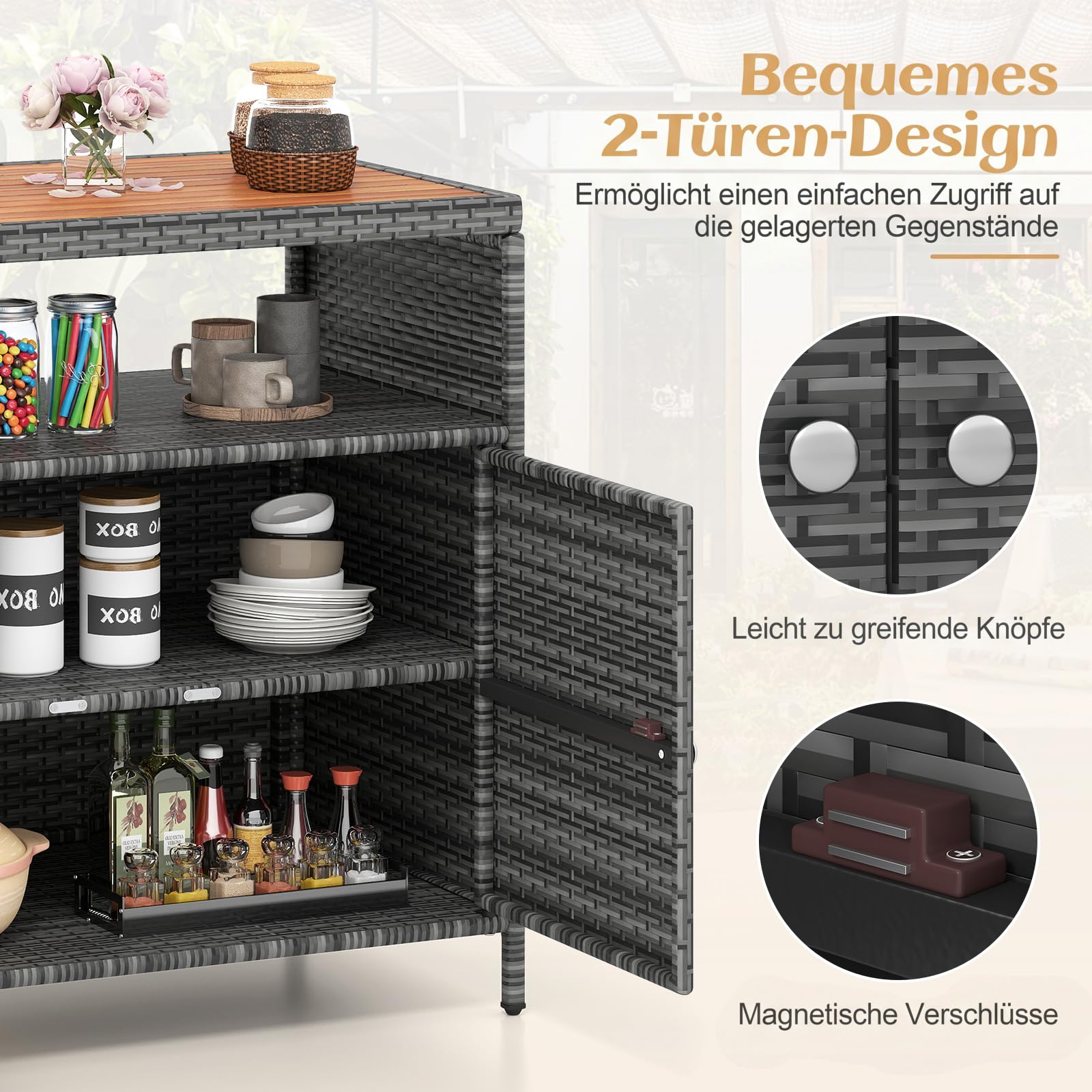 COSTWAY Gartenschrank Rattan Terrassenschrank Akazienholz-Arbeitsplatte Doppeltür Outdoor Aufbewahrungsschrank 90x53x86 cm Grau