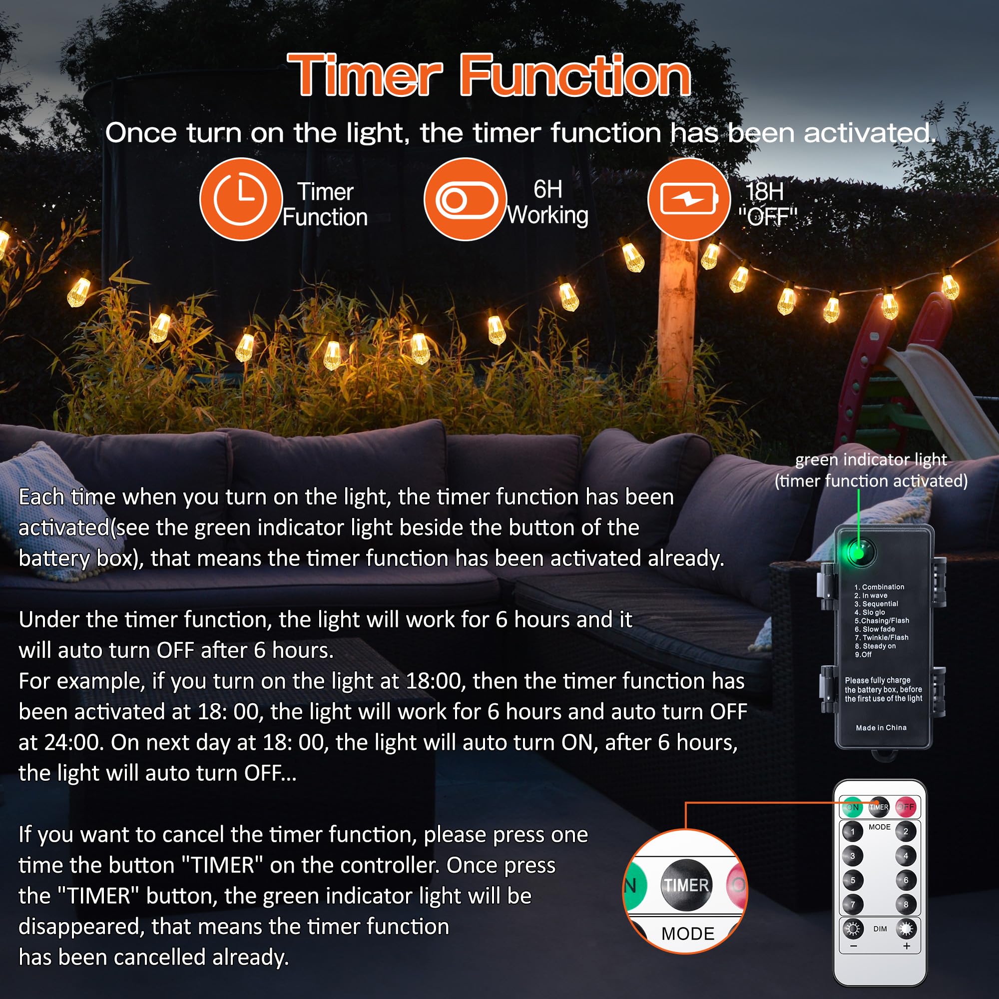 Guirlande lumineuse de jardin d'extérieur rechargeable à piles 5000 mAh étanche 9 m avec télécommande, portable pour terrasse, tonnelle, café