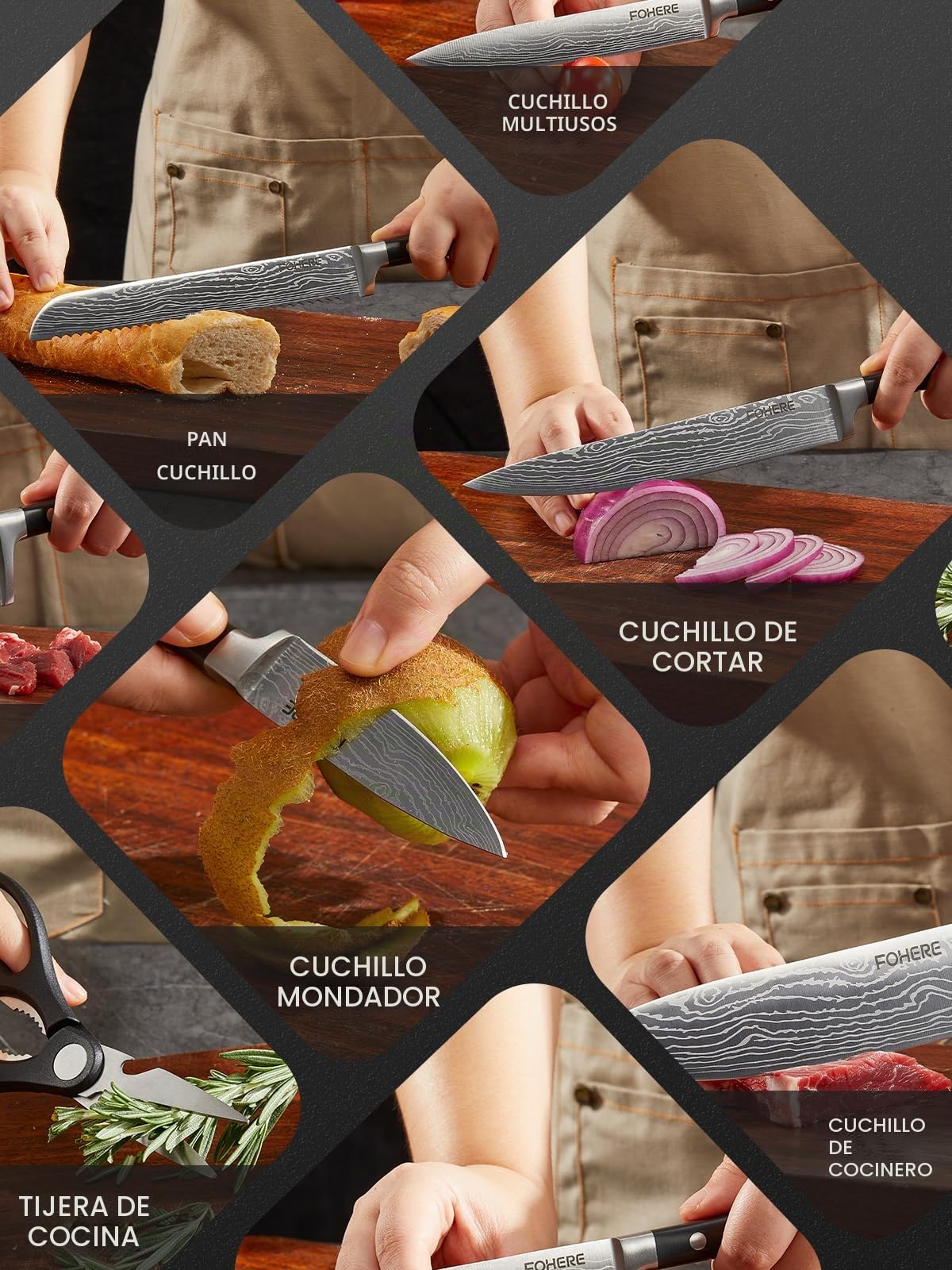 FOHERE Juego de Cuchillos de Cocina Profesional 7 Piezas, Juego de Cuchillos de Chef Profesional, Set de Cuchillos de Cocina de Acero Inoxidable con portacuchillas magnético