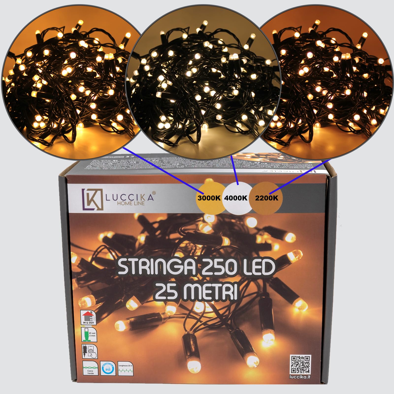 Luccika Stringa di Luci Maxi LED Smart con APP, Catena Luminosa Dimmerabile in 3 Tonalità di bianco caldo, Giochi di Luce con Musica, Timer, Memoria, IP44, Interno Esterno (25 Metri - 250 Maxi Led)