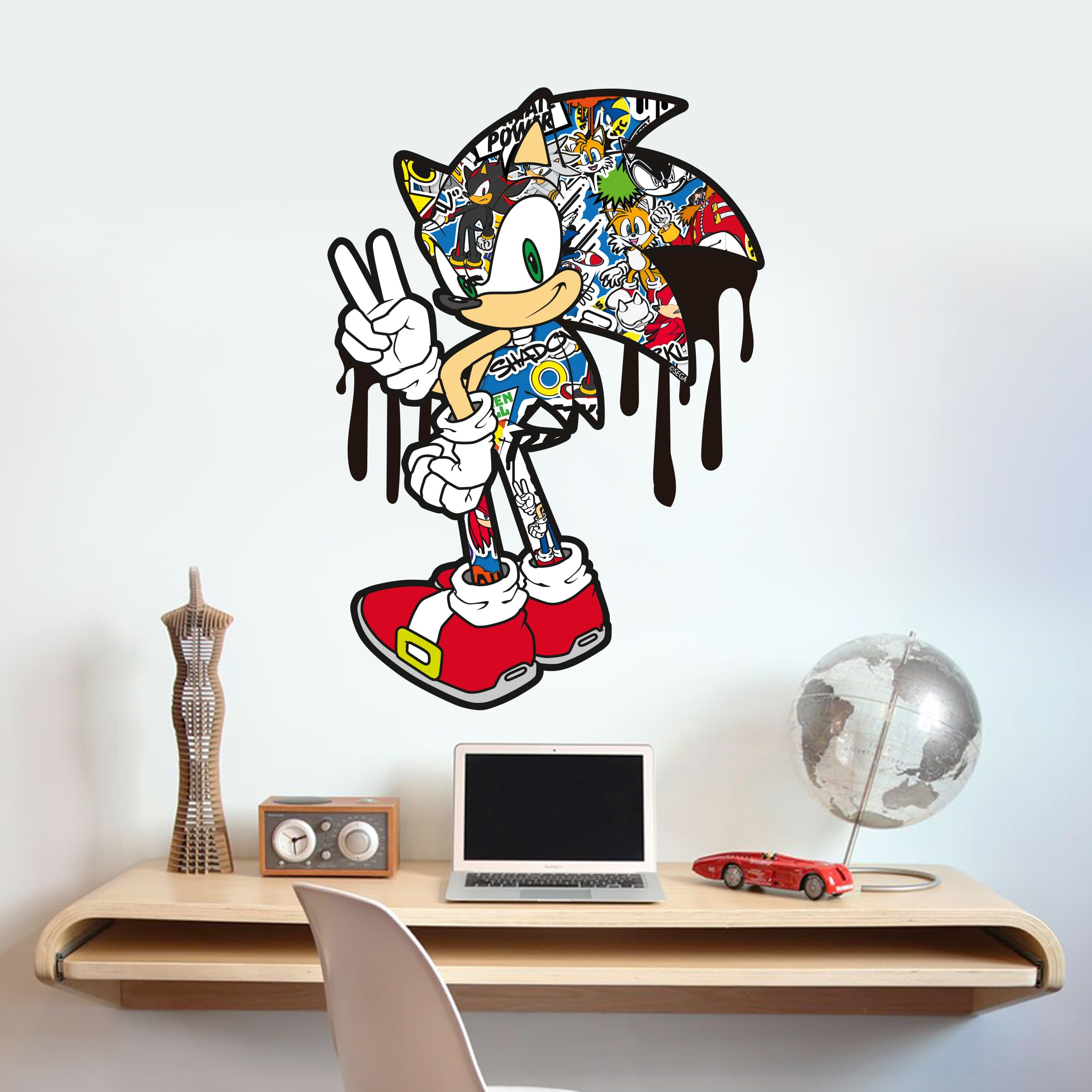 Themed Blue Sonic The Hedgehog Wall Sticker - Sonic Peace Pose Dripping Graffiti Wall Art (90Cm Width X 60Cm Height)
