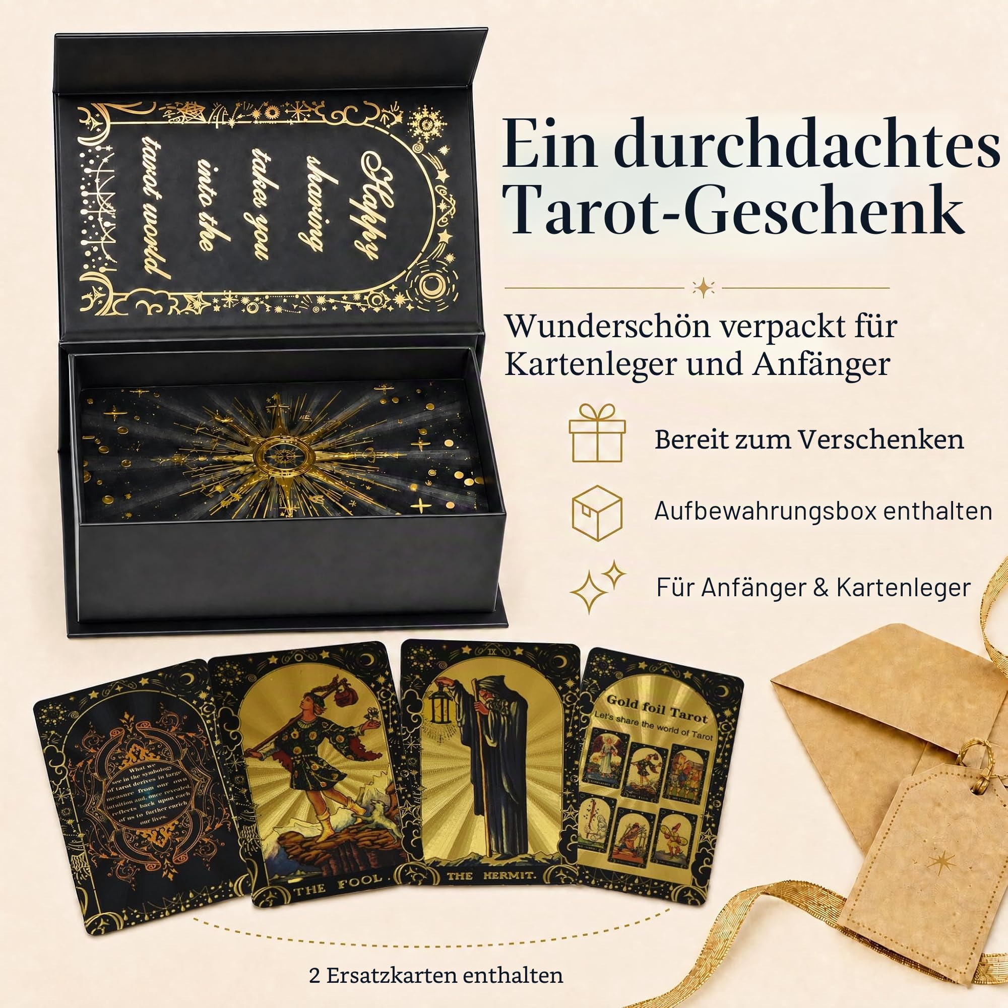 Schwarzes Rider-Waite Tarot Englisch, 78 PET-Karten | Wasserdichte holografische Goldfolie mit Guidebook für Anfänger und Sammler