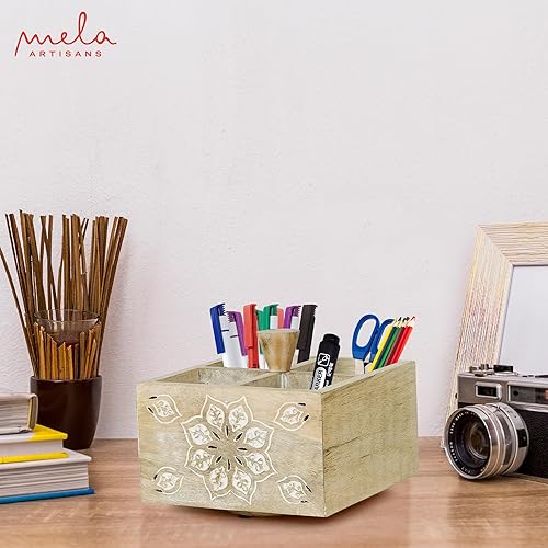 Miniatura 6 de Mela Artisans Soporte giratorio de madera para bolígrafo, Serena, Whitewash  Vasos para lápices para organización de escritorio  Decoración rústica