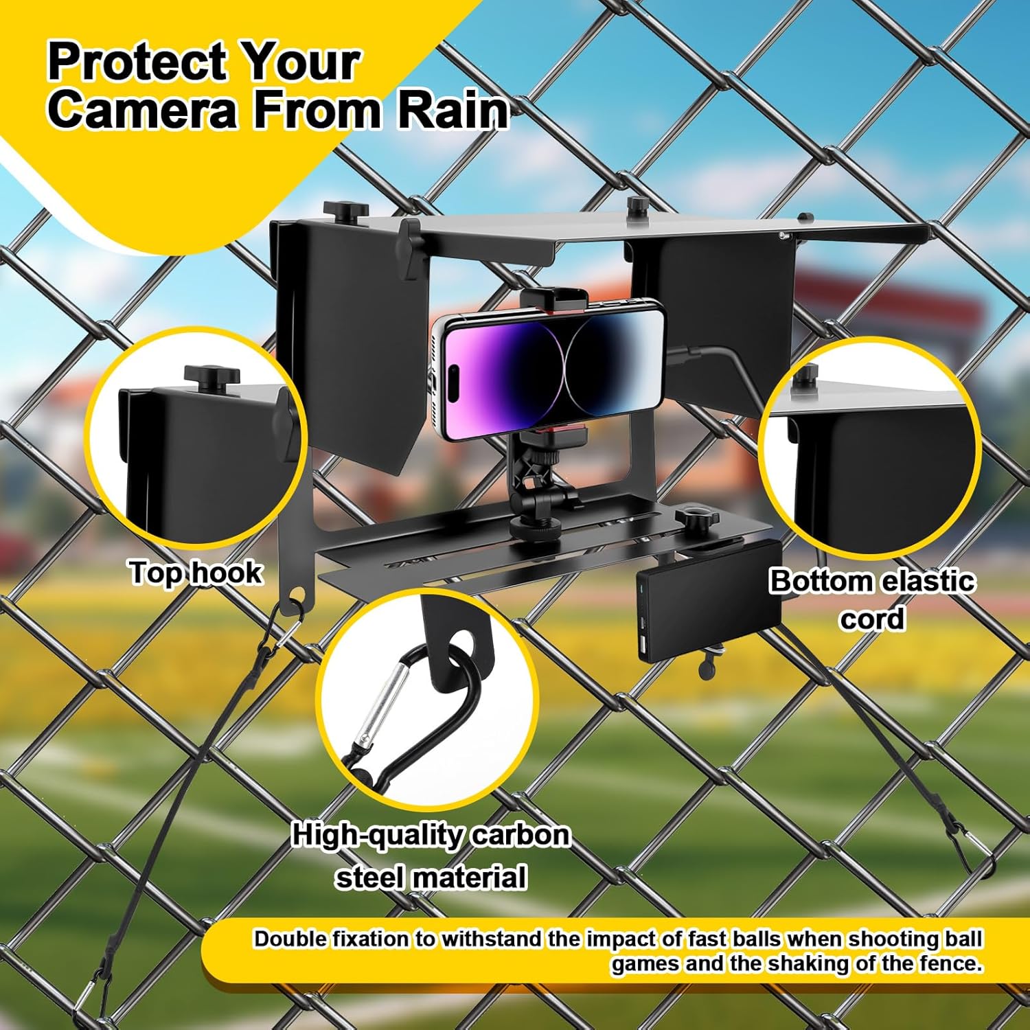 Gugxiom Cell Phone Fence Mount with Adjustable Shade, Mounting Kit for Game Changer, with Power Holder, Fence Mount for Start and Other Action Cameras