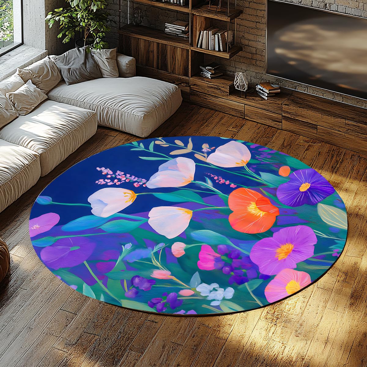 Zmywalny okrągły dywan boho kwiat okrągły dywan 180 cm (okrągły) kolorowe dywany ogrodowe fioletowy pomarańczowy kwiatowy antypoślizgowy dywan do wnętrz do salonu sypialni