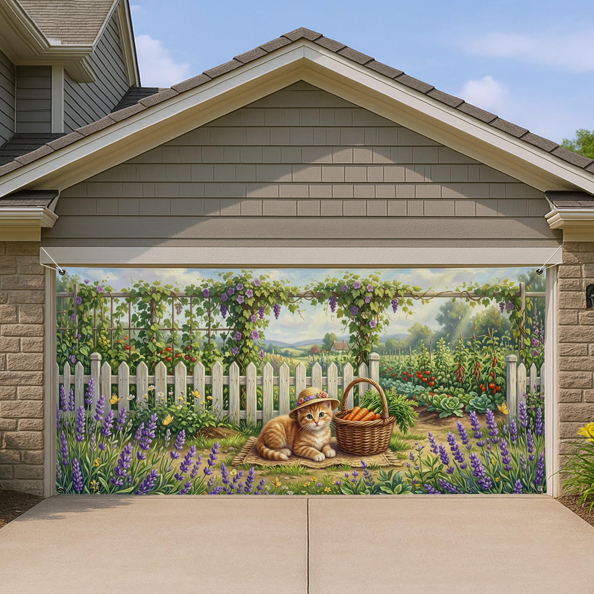 Housse porte garage 397x180 pour cacher une façade terne avec un décor chat fleuri