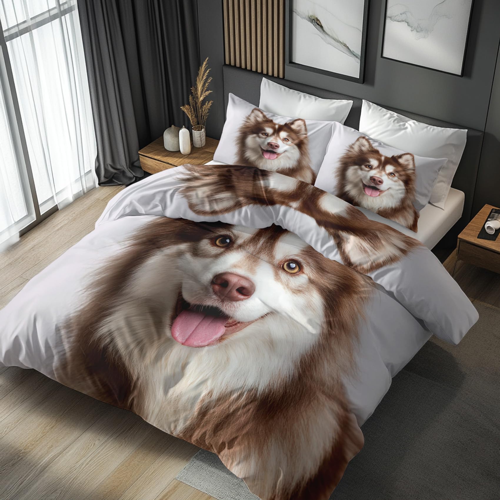 Housse de couette chien 220x240 parure de lit microfibre zippée 2 personnes