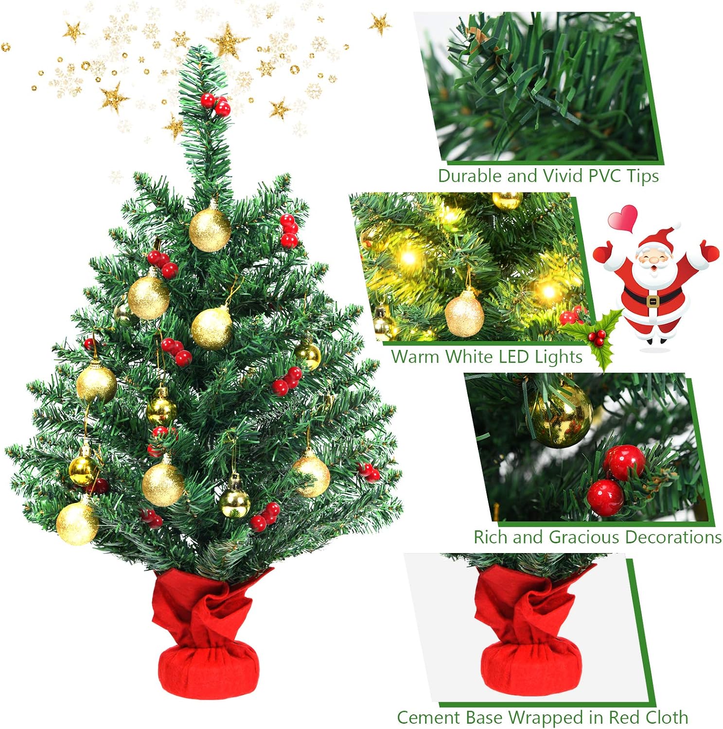 Goplus 2ft Artificial Christmas Tree, Battery Operated Mini Xmas Tree with 15 Warm White LED Lights, Golden Ornaments, Red Berries, Stable Cement Base for Indoor Use
