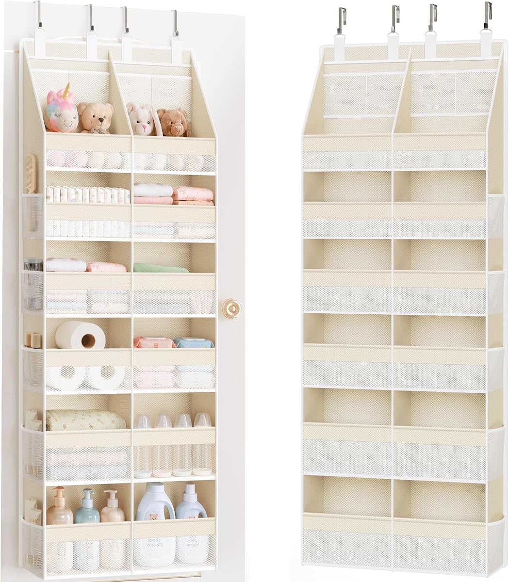 Over the Door Organizer, Extra Large 12 Compartments Closet Hanging Storage with 14 Mesh Pockets, 85lbs Capacity Behind the Door Storage for Baby Nursery, Bathroom, Bedroom, and Dorm, Beige