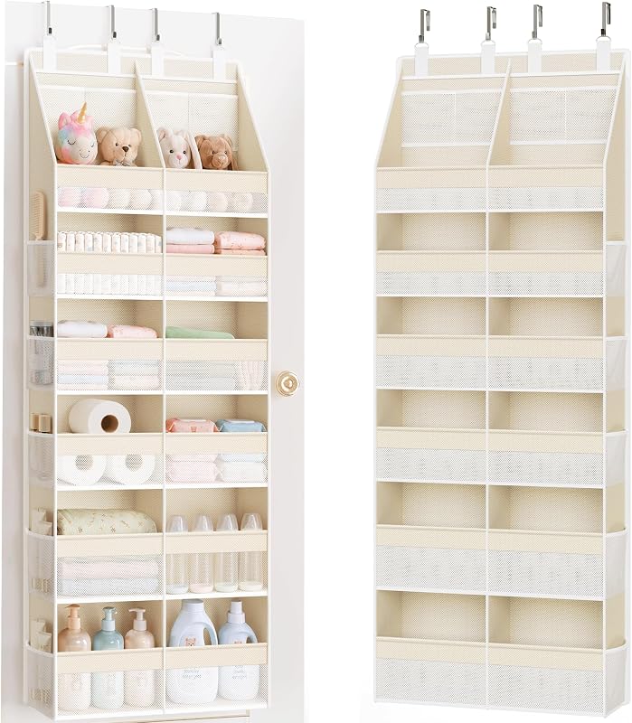 Over the Door Organizer, Extra Large 12 Compartments Closet Hanging Storage with 14 Mesh Pockets, 85lbs Capacity Behind the Door Storage for Baby Nursery, Bathroom, Bedroom, and Dorm, Beige