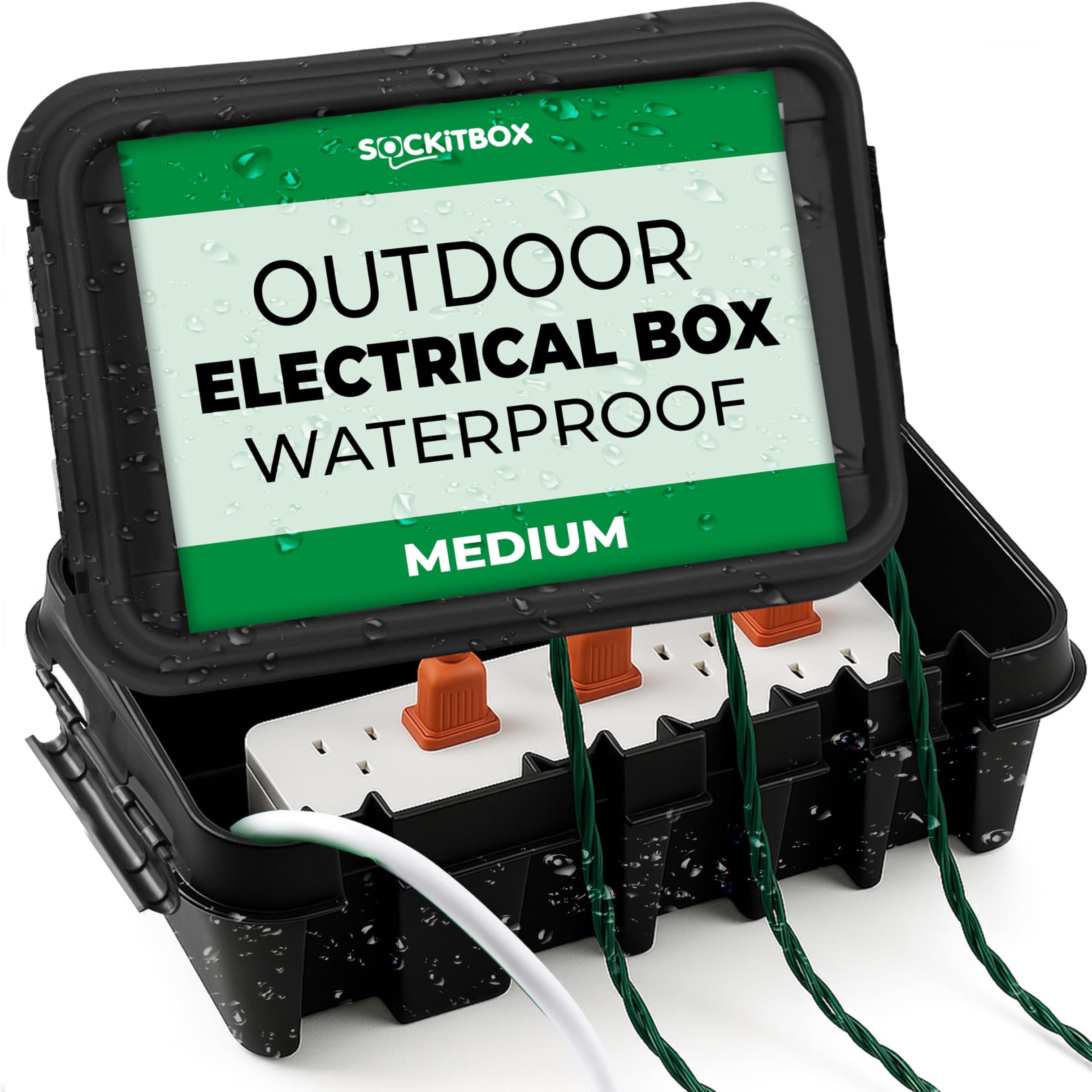 โ The Original Weatherproof Connection Box โ Indoor & Outdoor Electrical Power Cord Enclosure for Timers, Extension Cables, Transformers, Power Strips, Lights, Tools & More โ Medium โ Black