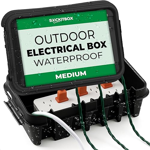 SockitBox – The Original Weatherproof Connection Box – Indoor & Outdoor Electrical Power Cord Enclosure for Timers, Extension Cables, Transformers, Power Strips, Lights, Tools & More – Medium – Black