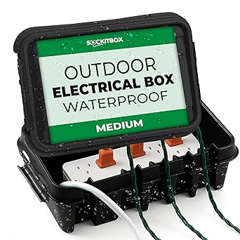 SockitBox The Original Weatherproof Connection Box Indoor & Outdoor Electrical Power Cord Enclosure for Timers, Extension Cables, Transformers, Power Strips, Lights, Tools & More Medium Black