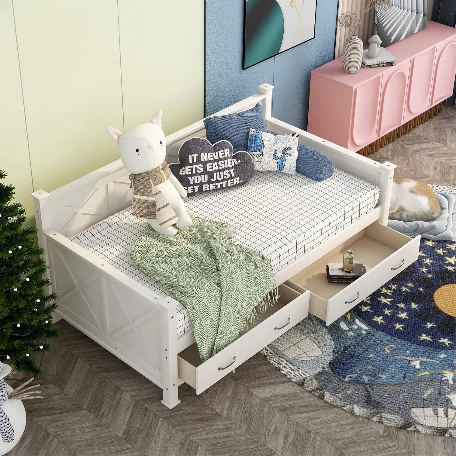 Bellemave Daybed with Drawers, Wood Storage Daybed with 2 Storage Drawers, Wooden Platform Bed Great for Kids Guests Sleepovers (Cream with Drawers)