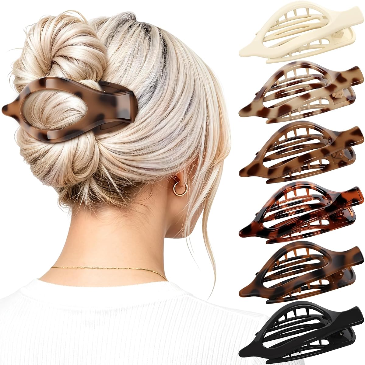 6 PCS Large Flat Hair Clips for Women Girls, French Concord Lay Down Claw Clips for Thick Thin Hair, Comfortable Curved Flat Clip, Leopard Print Stylish Strong Hold Hair Accessories, Tortoise