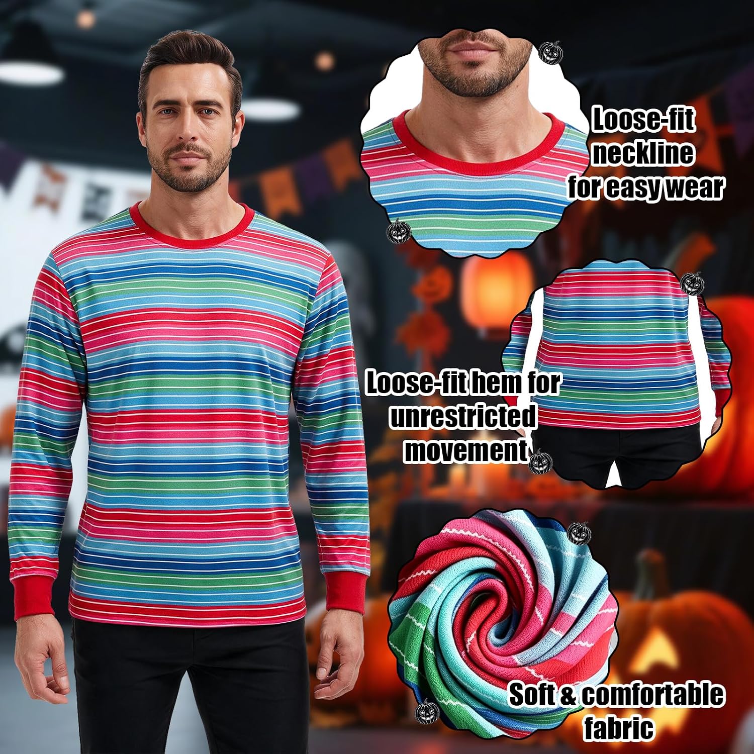 Men Horror Rainbow Striped Long Sleeve Tee for Halloween