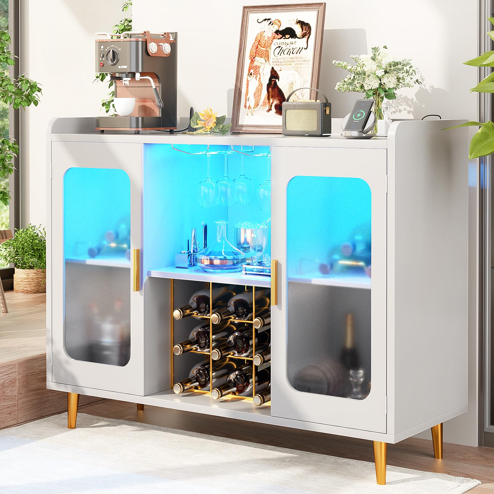 iSunirm Wine Bar Cabinet with Power Outlet &amp; LED Light, White