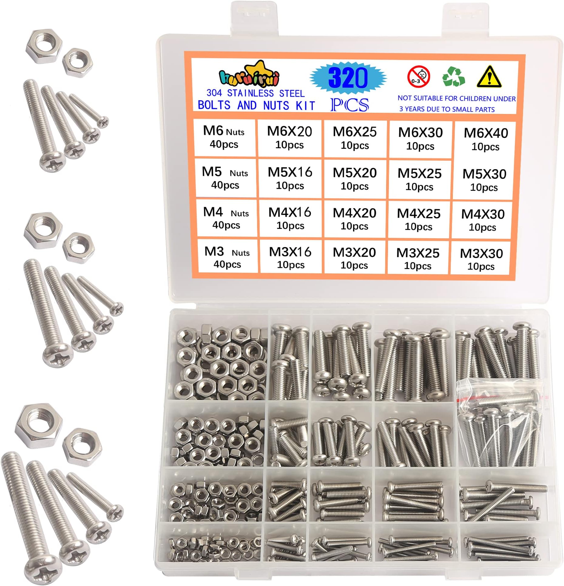 Nut and Bolts Set M3 M4 M5 M6 304 Stainless Steel Round Head Cross Screw Bolts and Nuts Kit Hexagon Machine Screw With Storage Box 320PCS
