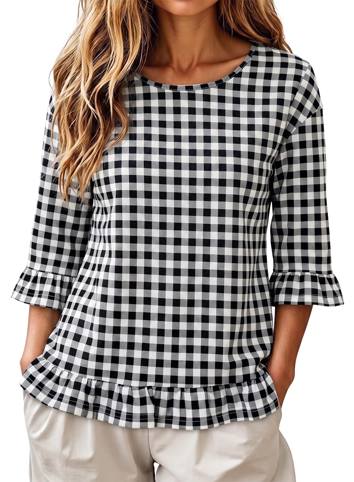 Dokotoo Women's Gingham Tops Casual Blouses 3/4 Sleeve Plaid Ruffle Shirts