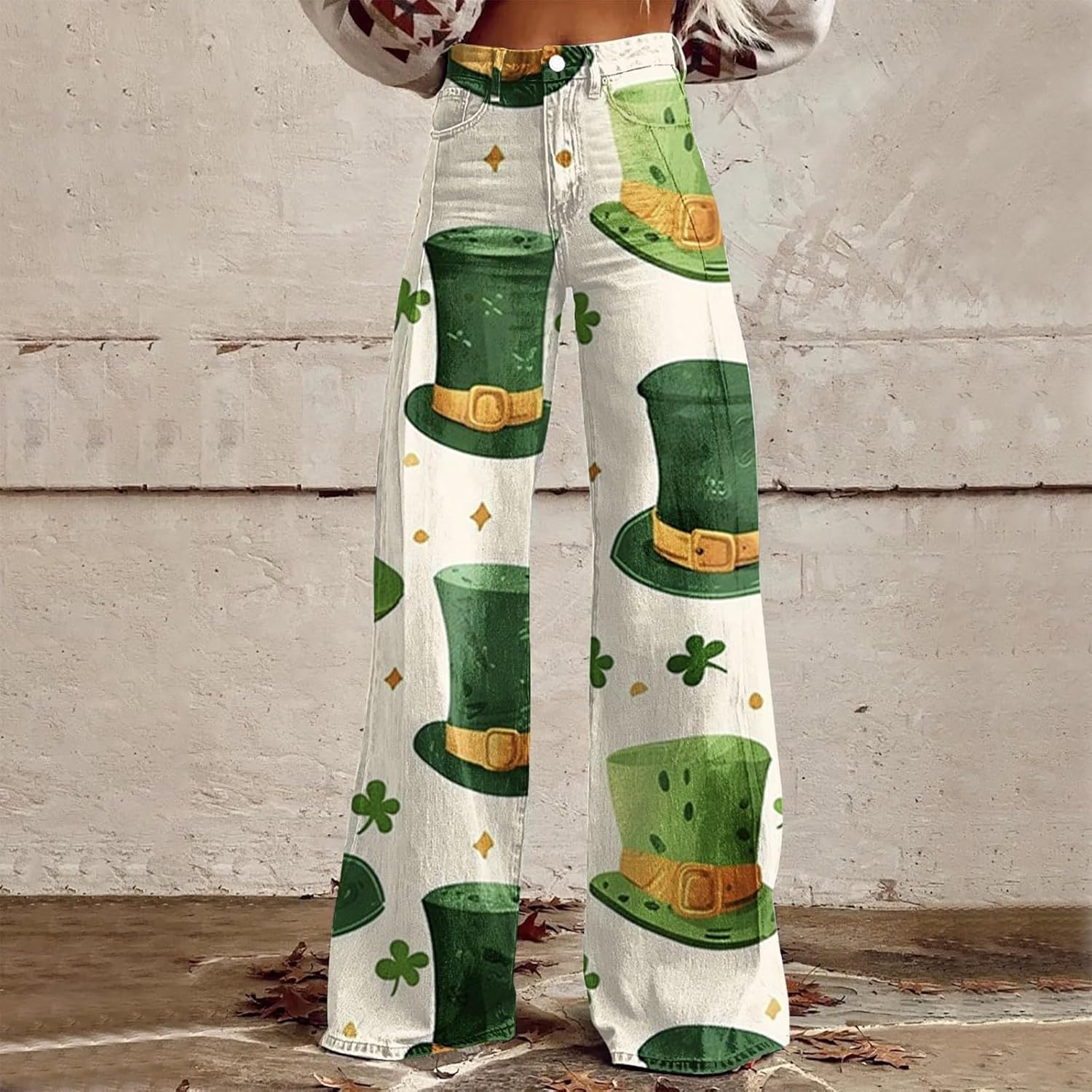 St Patricks Day Pants for Women High Waist Wide Leg Baggy Plus SizeIrish Green Shamrock Print Pant with Pockets - Image 3
