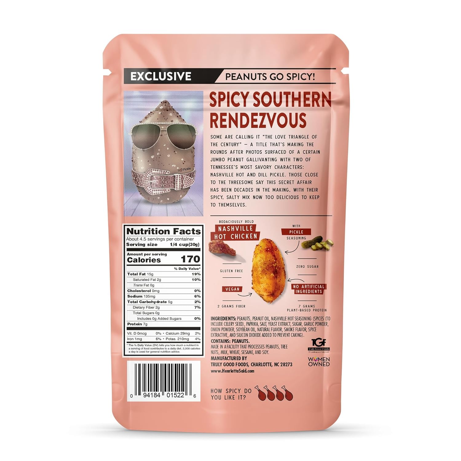 Henrietta Said Wing-Flavored Peanuts - Truly Good Foods Snacking Nuts - Bold Flavors - Savory & Spicy Jumbo Flavored Peanuts - Vegan Snack - 4 (5-oz) Packs - Nashville Hot Chicken With Pickle