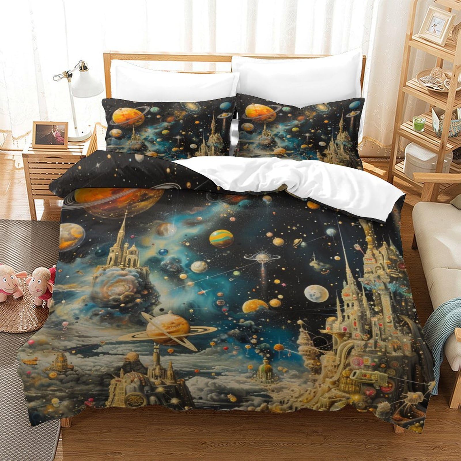 Housse de couette 140x200 cm avec 2 taies en microfibre hypoallergénique au motif planètes cosmiques
