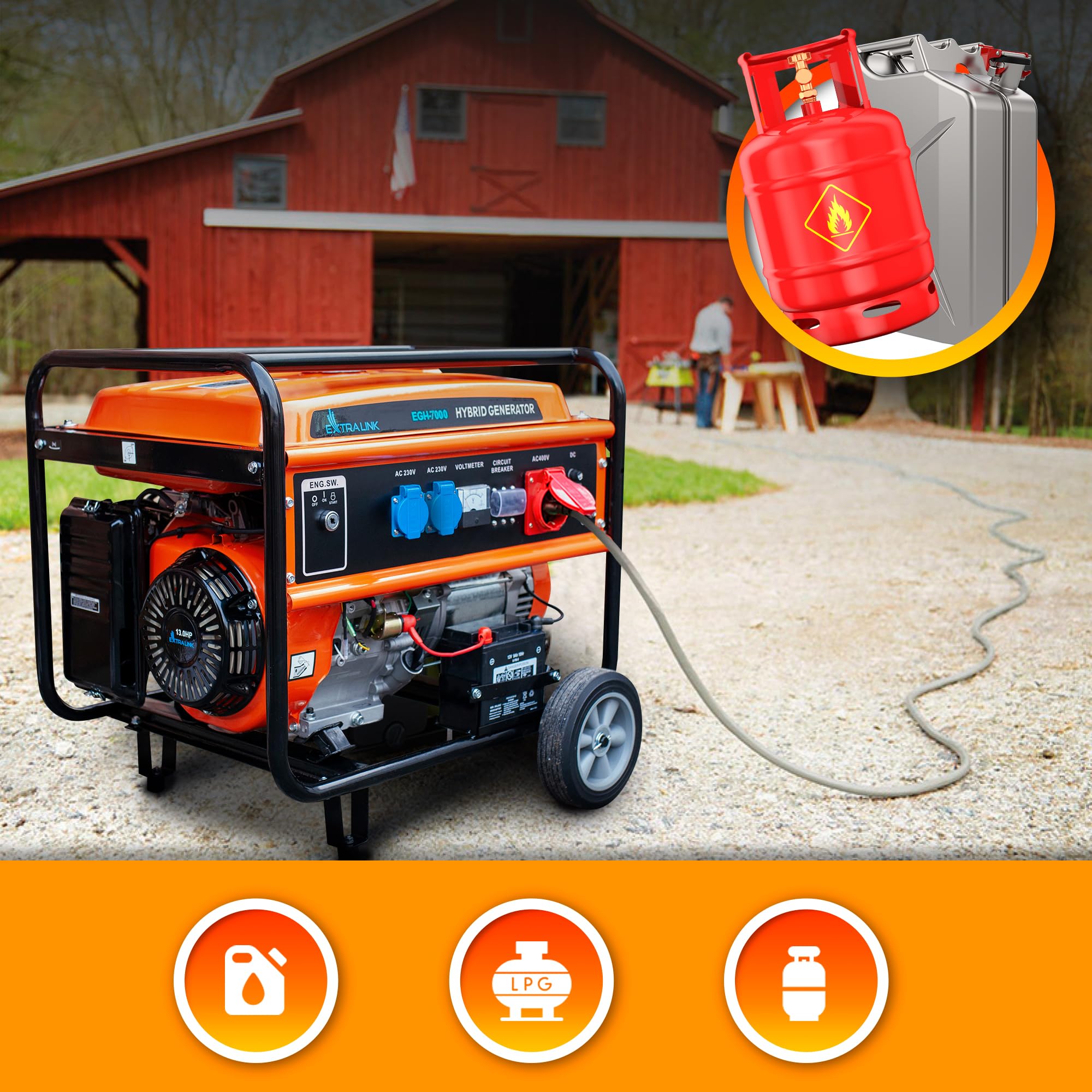 Extralink Generador Eléctrico 7500W Gasolina/Gas | Grupo Electrógeno Trifásico Dual Fuel 192F 4T, Onda Pura, 2×230V 1×400V, Arranque Eléctrico y Protección Sobrecarga | Portátil para Casa