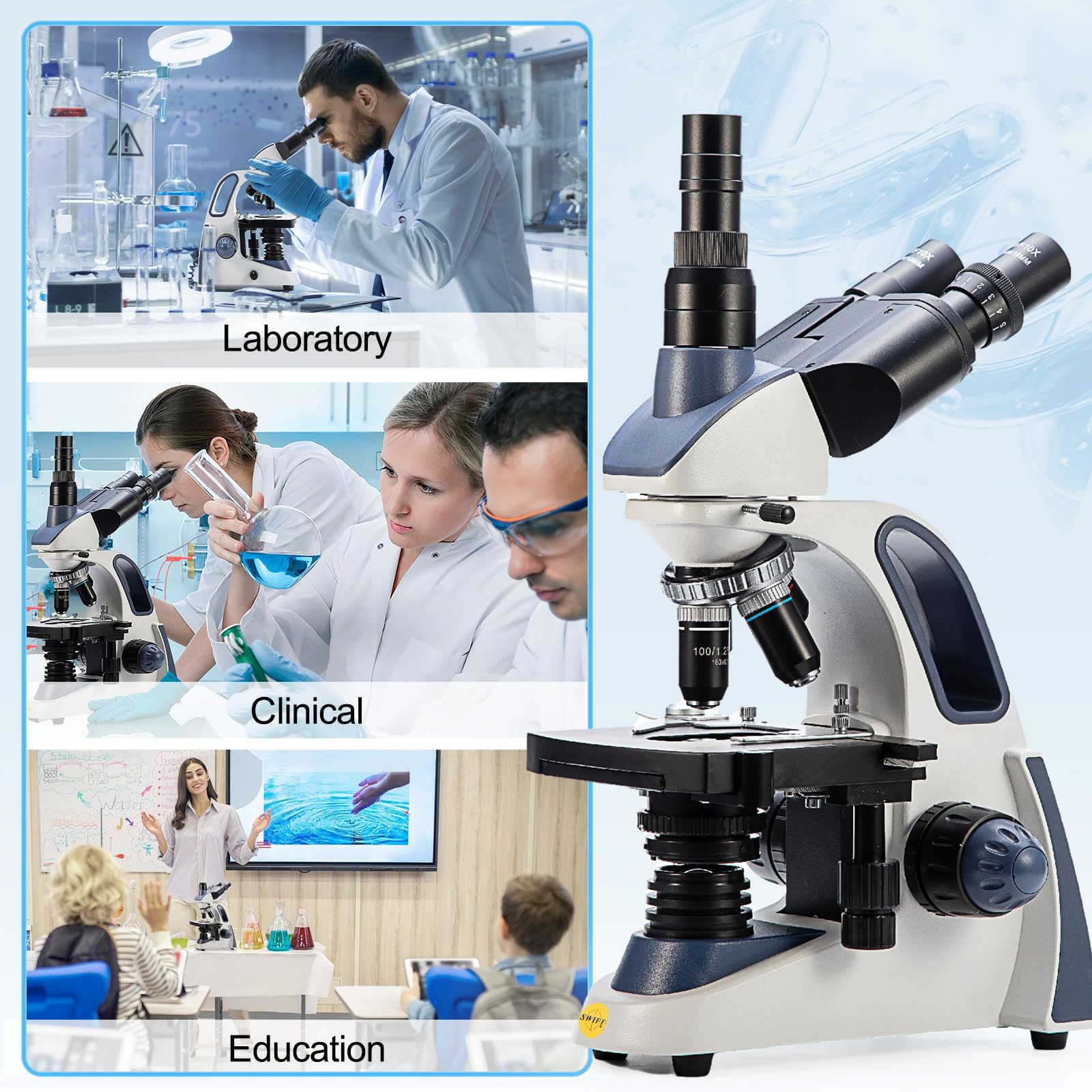 SWIFT Microscopio composto trinoculare SW380T, 40X-2500X, con fotocamera da 5 MP e diapositive, testa Siedentopf, grado di ricerca, stadio meccanico a due strati