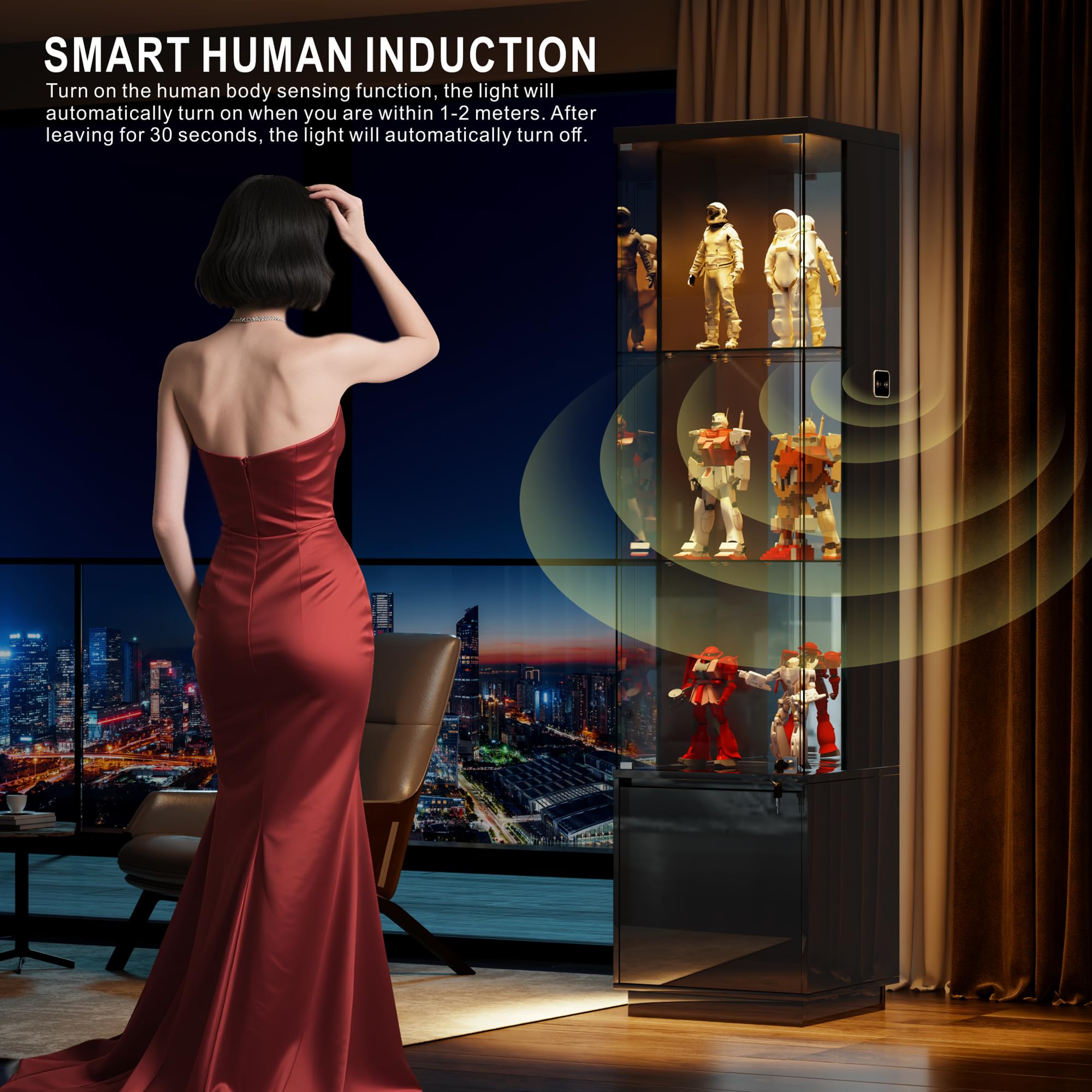 Vitrina Expositora con Iluminación LED - Vitrinas con Puertas de Cristal con Cerradura,Vitrina Cristal con Sensores Inteligentes,3 Estantes para Salón,Dormitorio,Oficina o Estudio,Negro