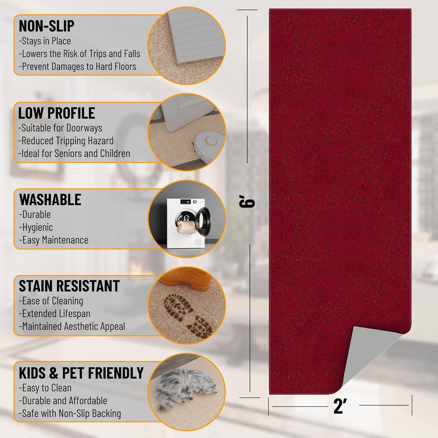 ottomanson 2' x 6' ultra-thin hallway runner rug - durable non-slip carpet for high-traffic areas - fits under doors for seamless entry - ideal for kitchen, entryway, bedroom & living room, red red solid - 2 ft width 2' x 6' (runner)