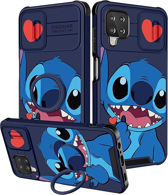 Qerrassa for Samsung Galaxy A12 Case Cute Cartoon A12 Phone Case for Women Girly Protective Cover with Camera Cover & Ring Stand Funny Shockproof Cases for Samsung A12, Heart Stit
