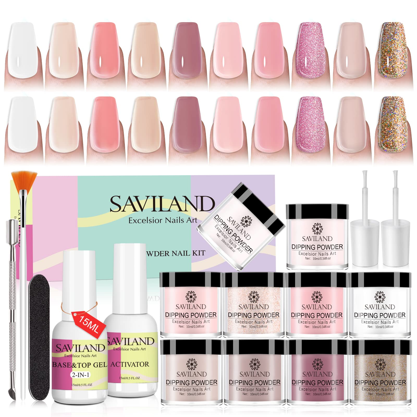 Saviland 17pcs Dip Powder Nail Kit Starter: Nude Pink Nail Dip Powder Kit 10 Colors Dipping Powder with 15ml 2-In-1 Base & Top Coat, Activator for Nail Repair