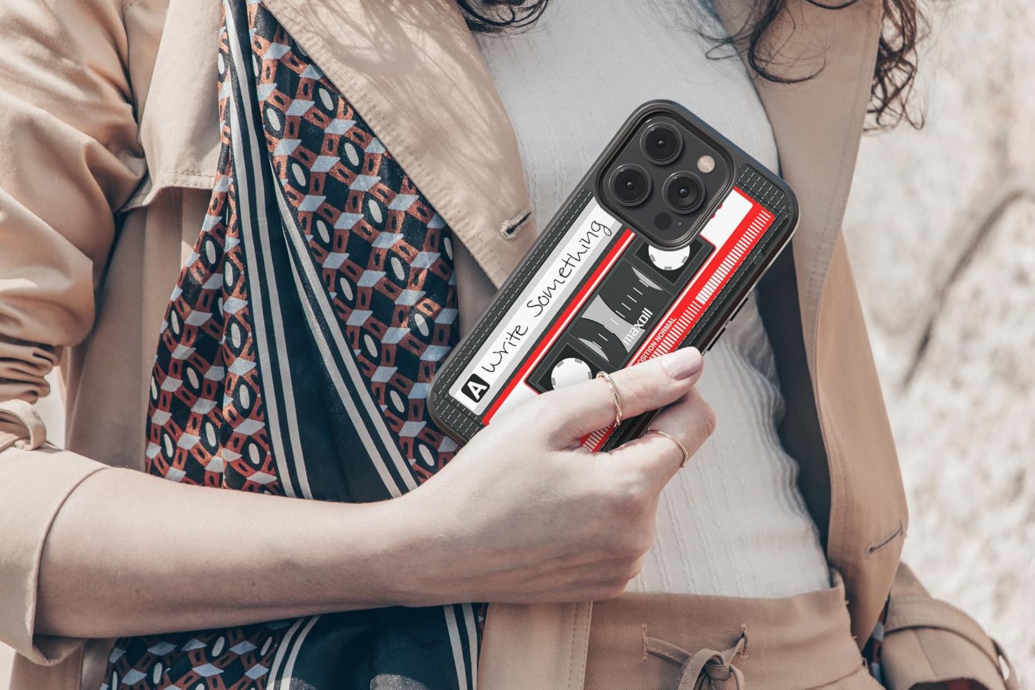 Cassette Tape Black and Red Personalized Black Rubber Phone Case Compatible with Apple iPhone 17 Pro Max Air, 16 Pro Max Plus, 15 Pro Max Plus, 14 Pro Max Plus, 13 Pro Max Mini, 12, 11, X, 7
